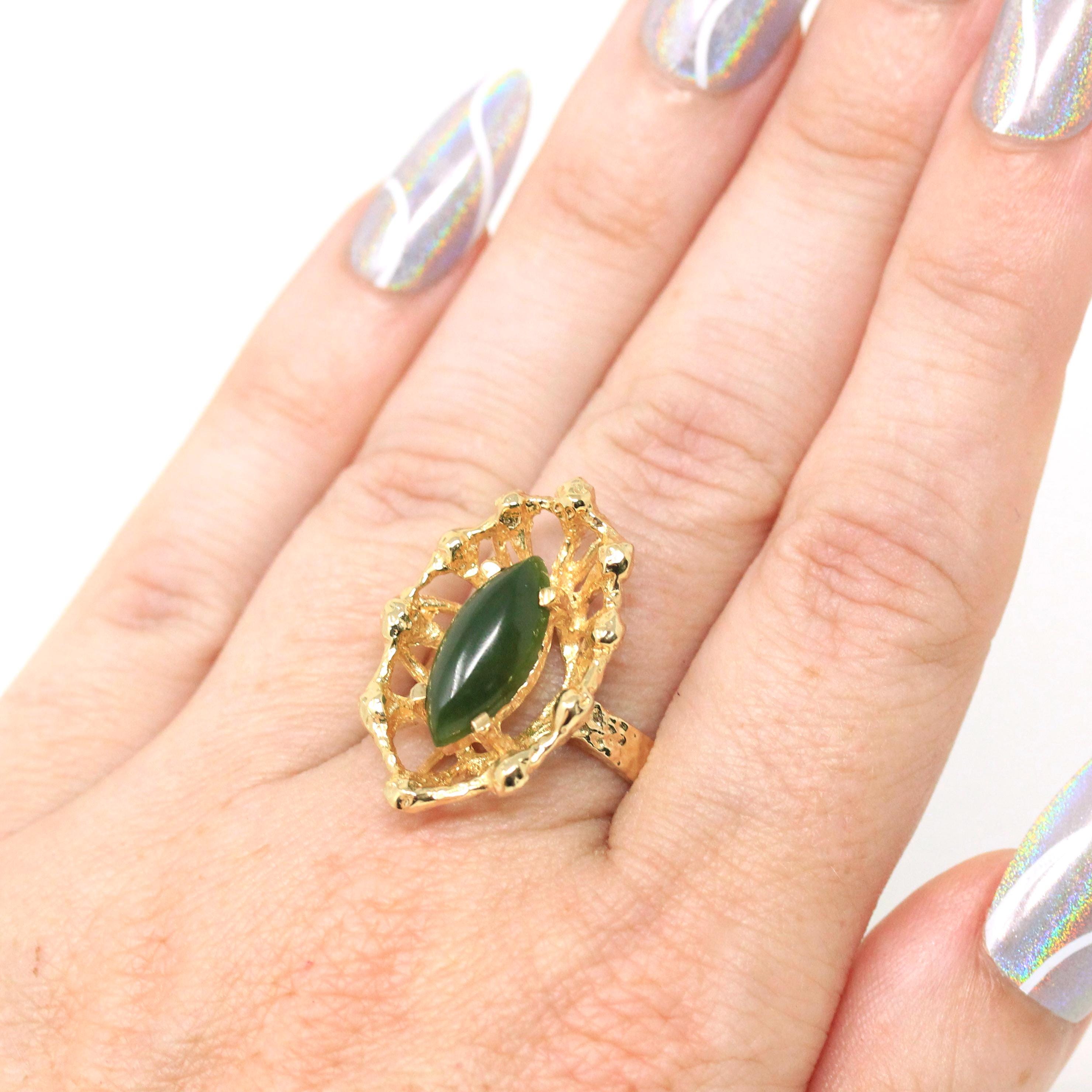 Nephrite Jade Ring - Retro 10k Yellow Gold Marquise Cut Genuine Green Gem 70s Statement - Vintage Circa 1970s Size 6 Textured Fine Jewelry