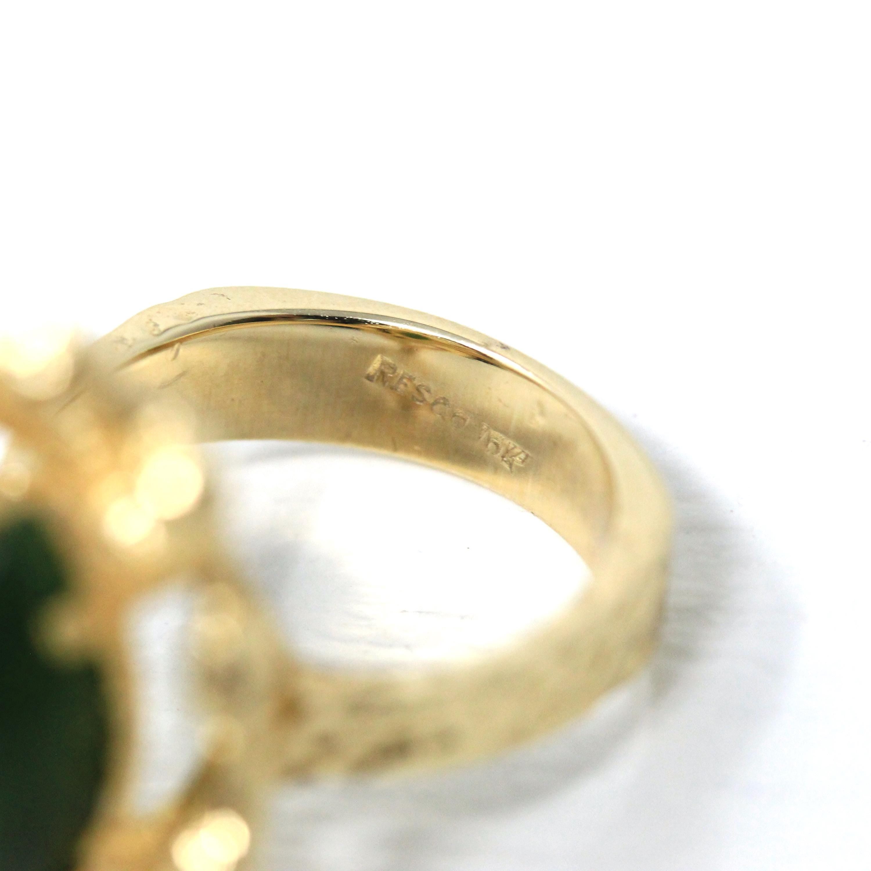 Nephrite Jade Ring - Retro 10k Yellow Gold Marquise Cut Genuine Green Gem 70s Statement - Vintage Circa 1970s Size 6 Textured Fine Jewelry