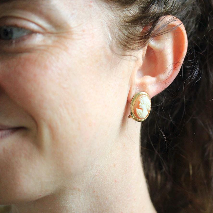 Retro Cameo Earrings - Vintage 14k Yellow Gold Bezel Set Clipback Post Pierced Studs - Circa 1970s Push Back Woman's Profile Fine Jewelry