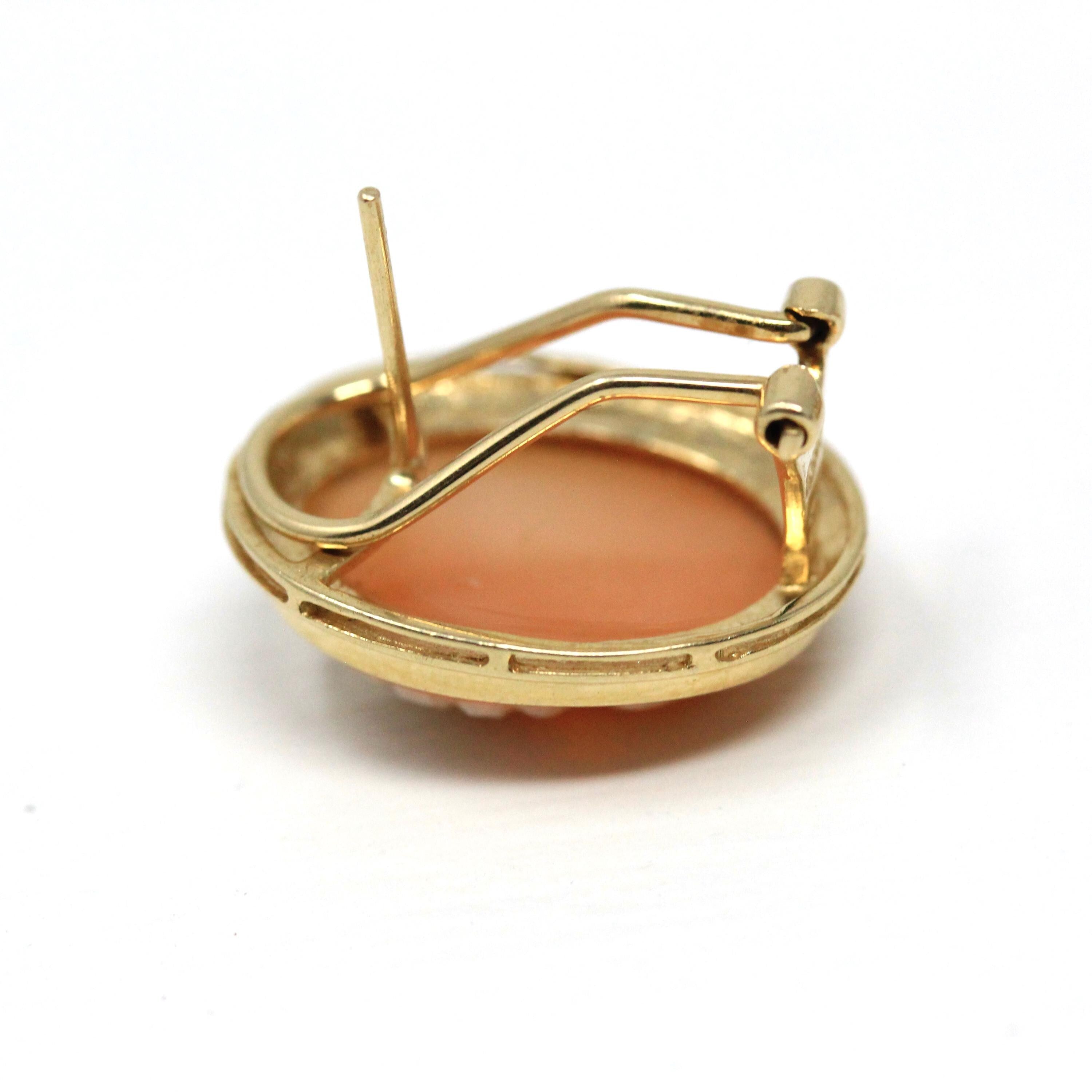 Retro Cameo Earrings - Vintage 14k Yellow Gold Bezel Set Clipback Post Pierced Studs - Circa 1970s Push Back Woman's Profile Fine Jewelry