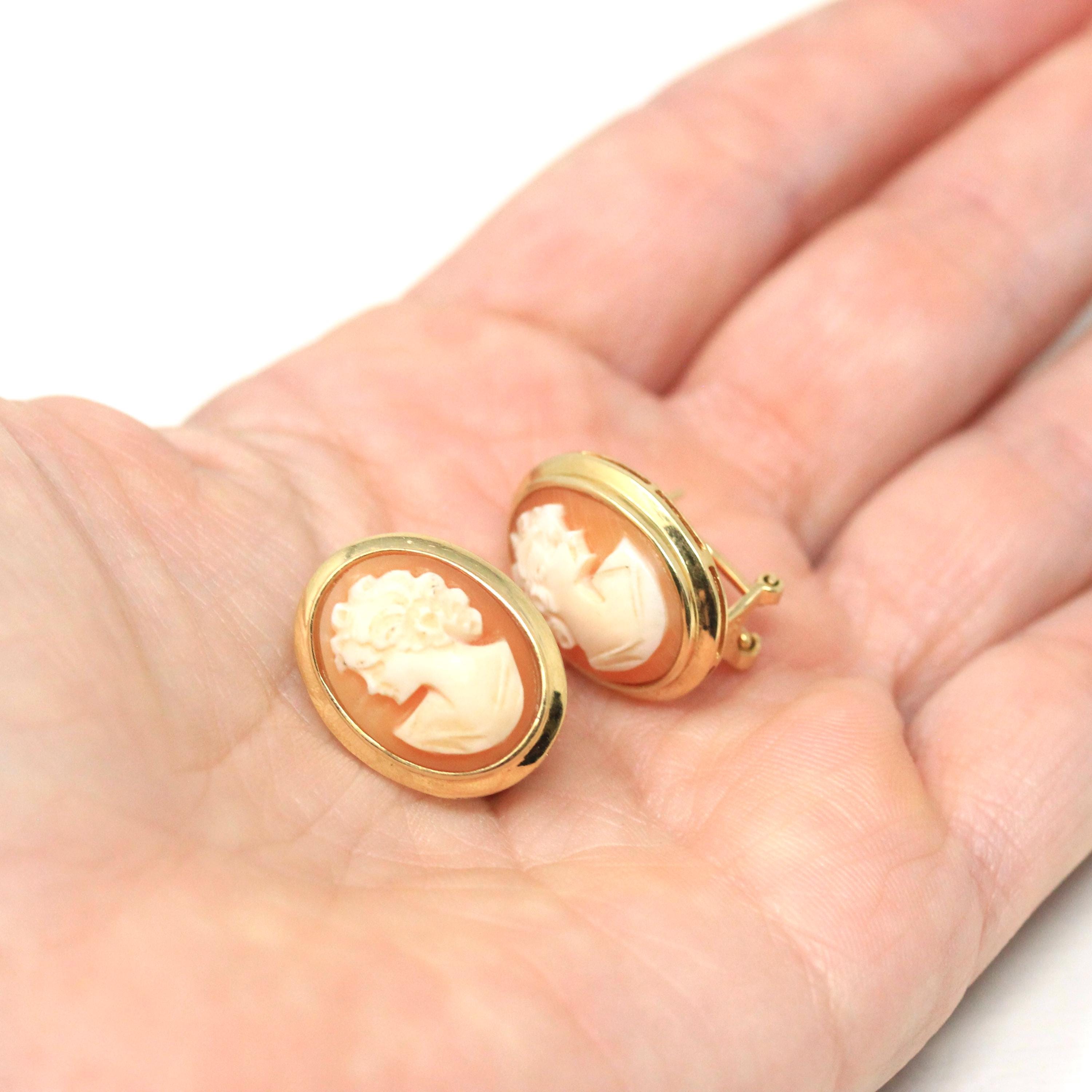 Retro Cameo Earrings - Vintage 14k Yellow Gold Bezel Set Clipback Post Pierced Studs - Circa 1970s Push Back Woman's Profile Fine Jewelry