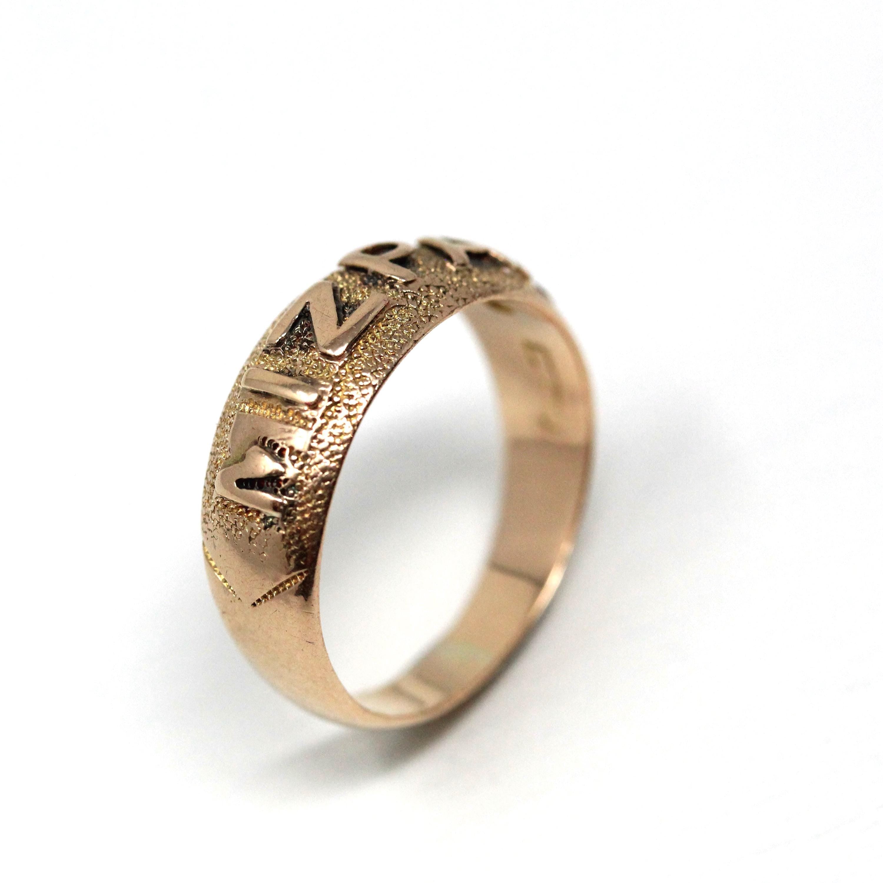 Victorian Mizpah Band - 9k Rosy Yellow Gold Birmingham England Hallmark Ring - Antique Size 5 3/4 Stacking Fine English Keepsake Jewelry