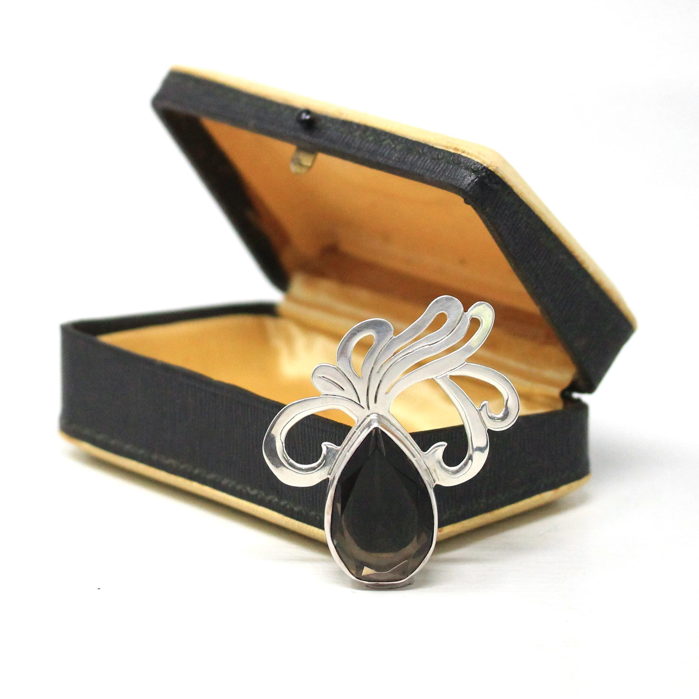 Artisan Silver Pendant - Modern Estate Pierced Scroll Metalwork - Circa 2000's Faceted Smokey Glass Teardrop Gem Amulet Fashion Jewelry