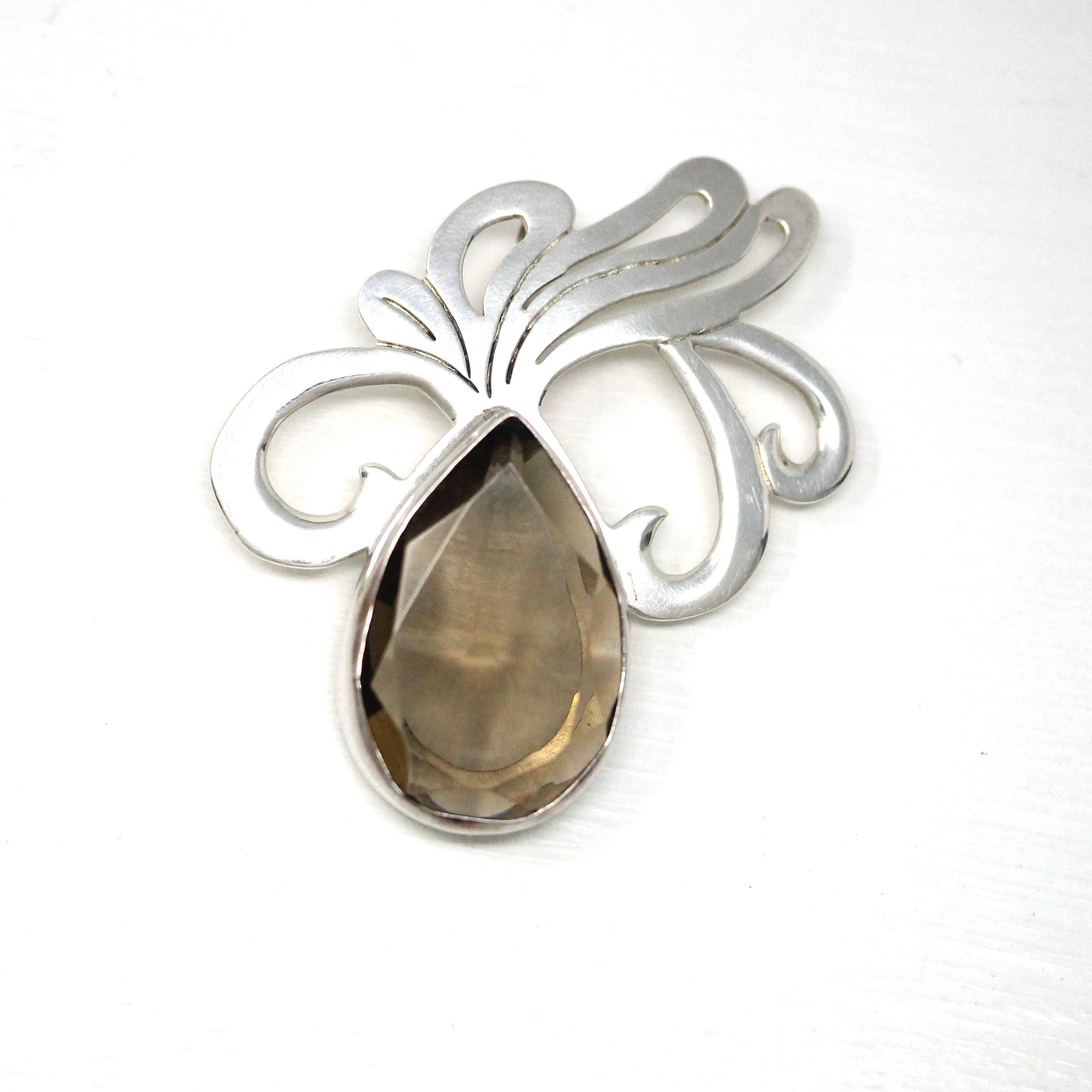 Artisan Silver Pendant - Modern Estate Pierced Scroll Metalwork - Circa 2000's Faceted Smokey Glass Teardrop Gem Amulet Fashion Jewelry