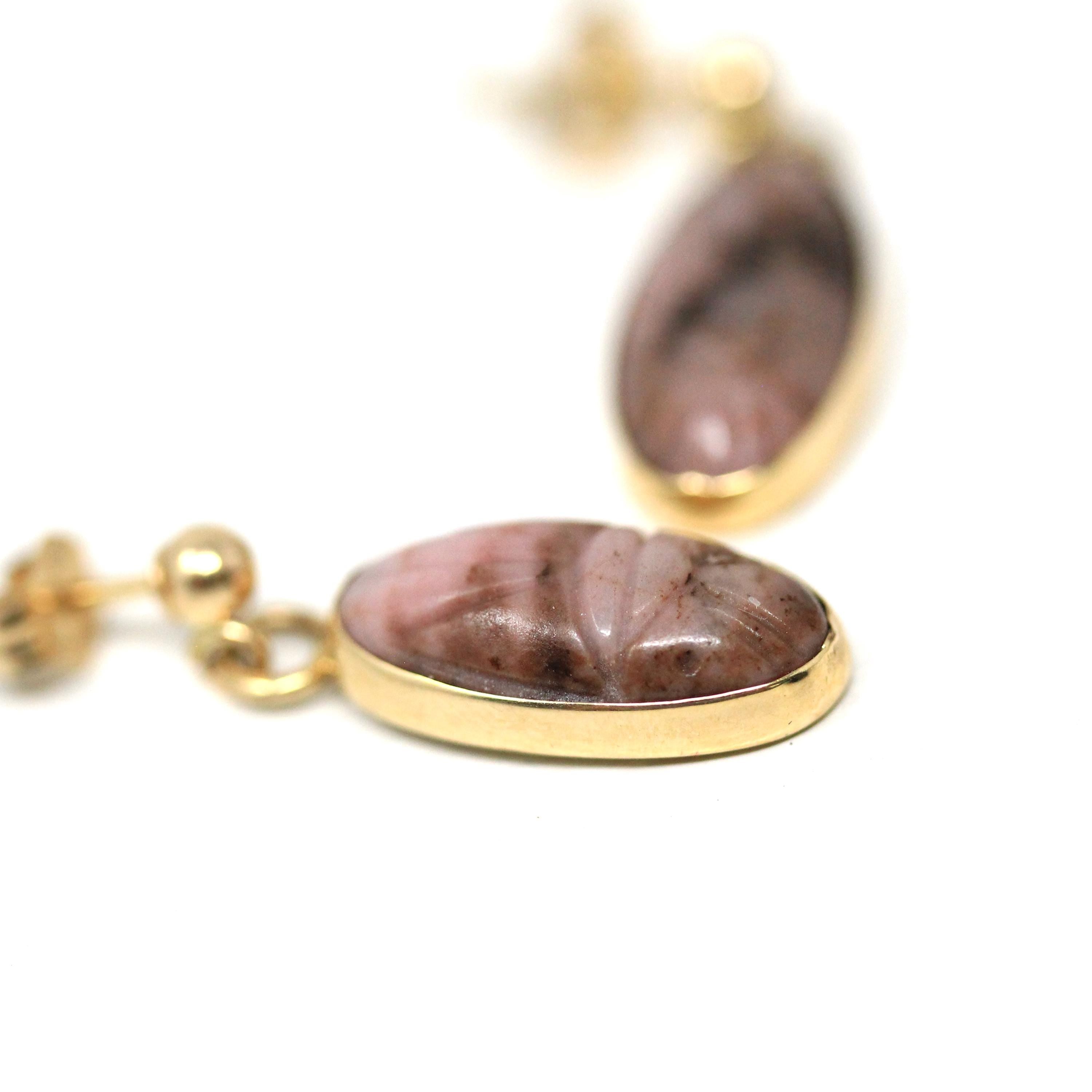 Vintage Scarab Earrings - Retro 14k Yellow Gold Carved Genuine Rhodonite Gemstone - Circa 1960s Era Egyptian Revival Style Beetle Jewelry