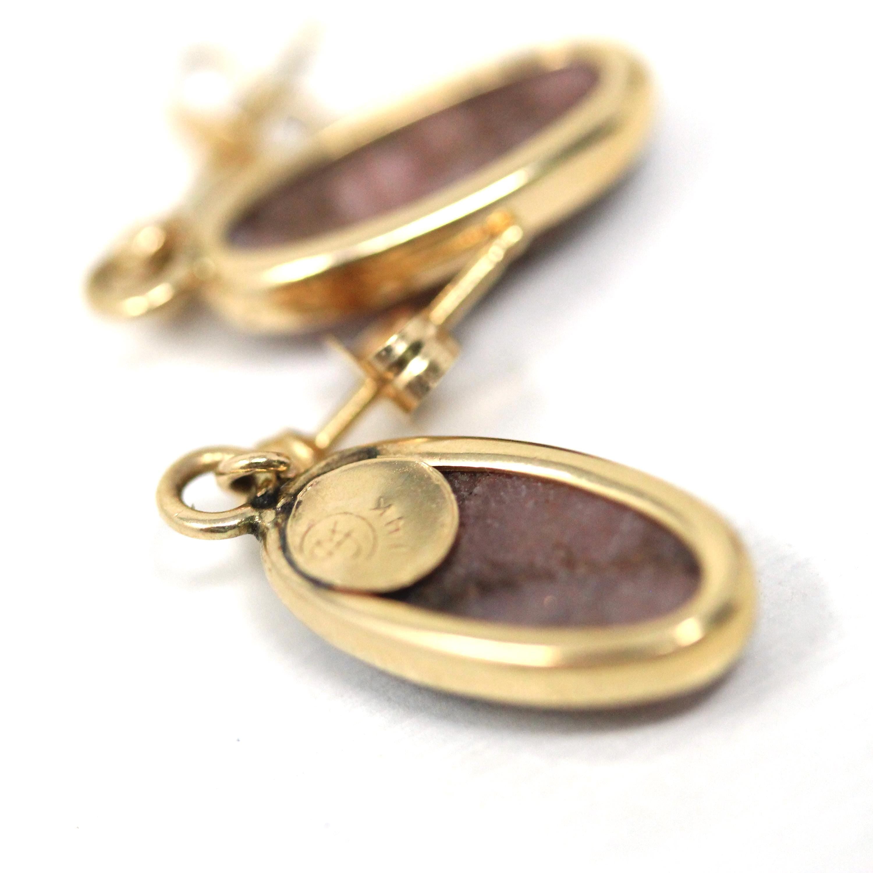 Vintage Scarab Earrings - Retro 14k Yellow Gold Carved Genuine Rhodonite Gemstone - Circa 1960s Era Egyptian Revival Style Beetle Jewelry