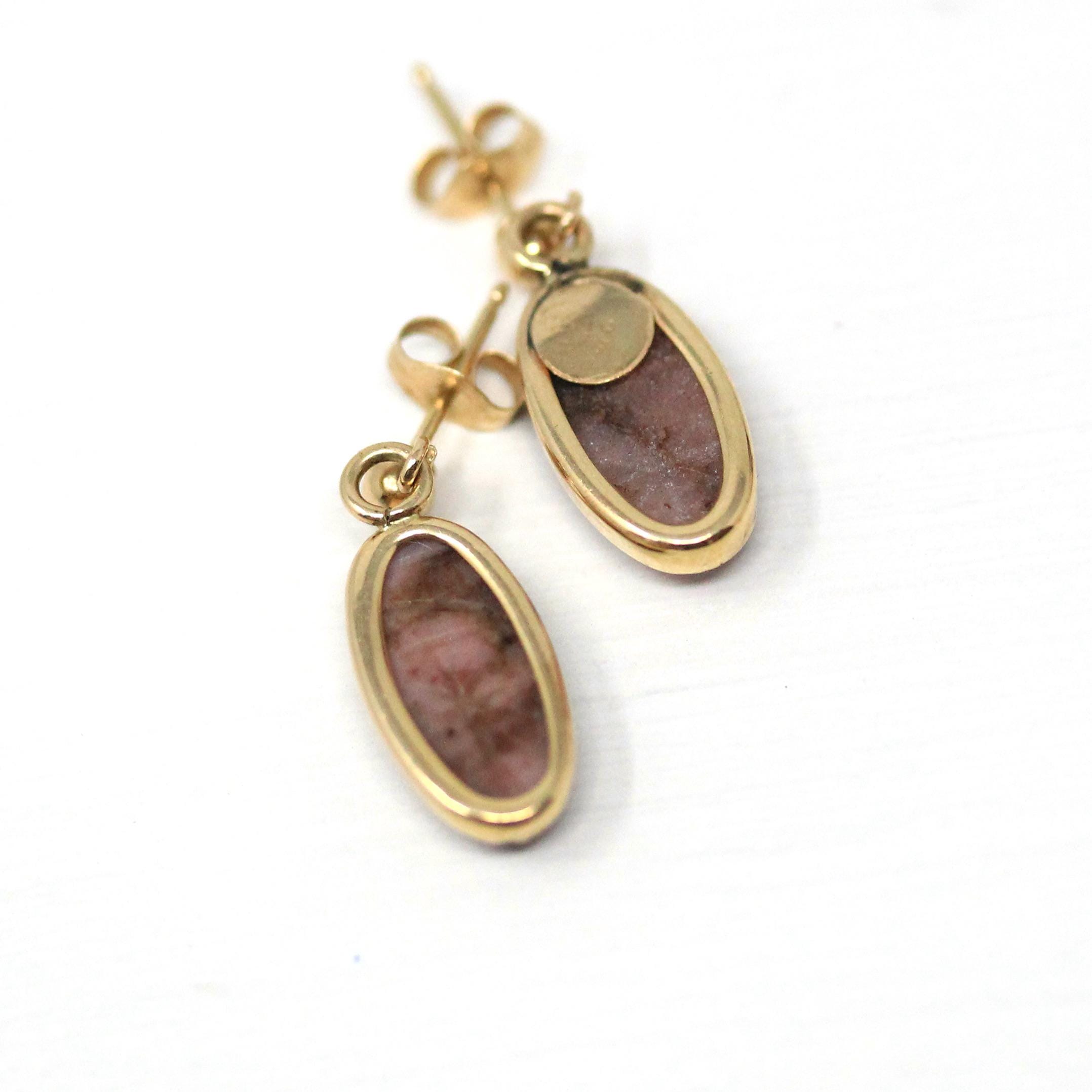 Vintage Scarab Earrings - Retro 14k Yellow Gold Carved Genuine Rhodonite Gemstone - Circa 1960s Era Egyptian Revival Style Beetle Jewelry