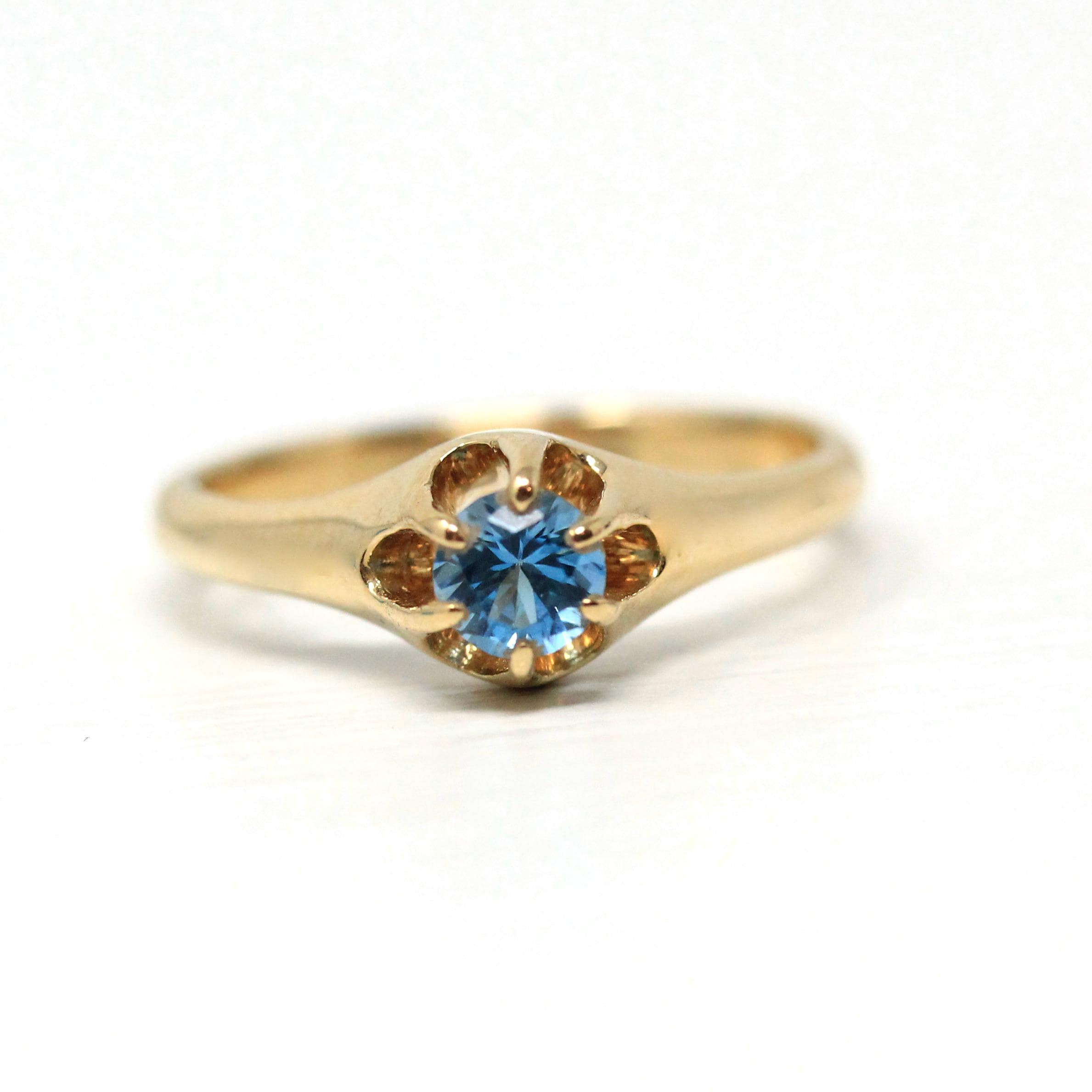 Blue Topaz Ring - Vintage 14k Yellow Gold Round Faceted Gemstone - Retro 1940s Era Size 5 Unisex Belcher Fine December Birthstone Jewelry