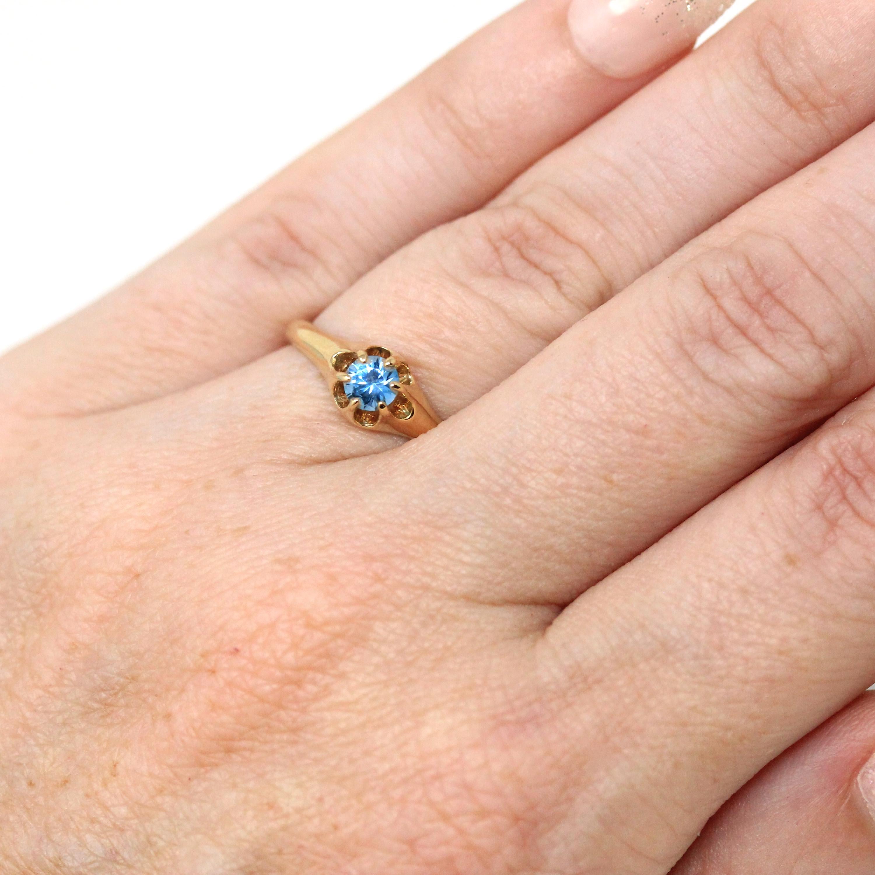 Blue Topaz Ring - Vintage 14k Yellow Gold Round Faceted Gemstone - Retro 1940s Era Size 5 Unisex Belcher Fine December Birthstone Jewelry