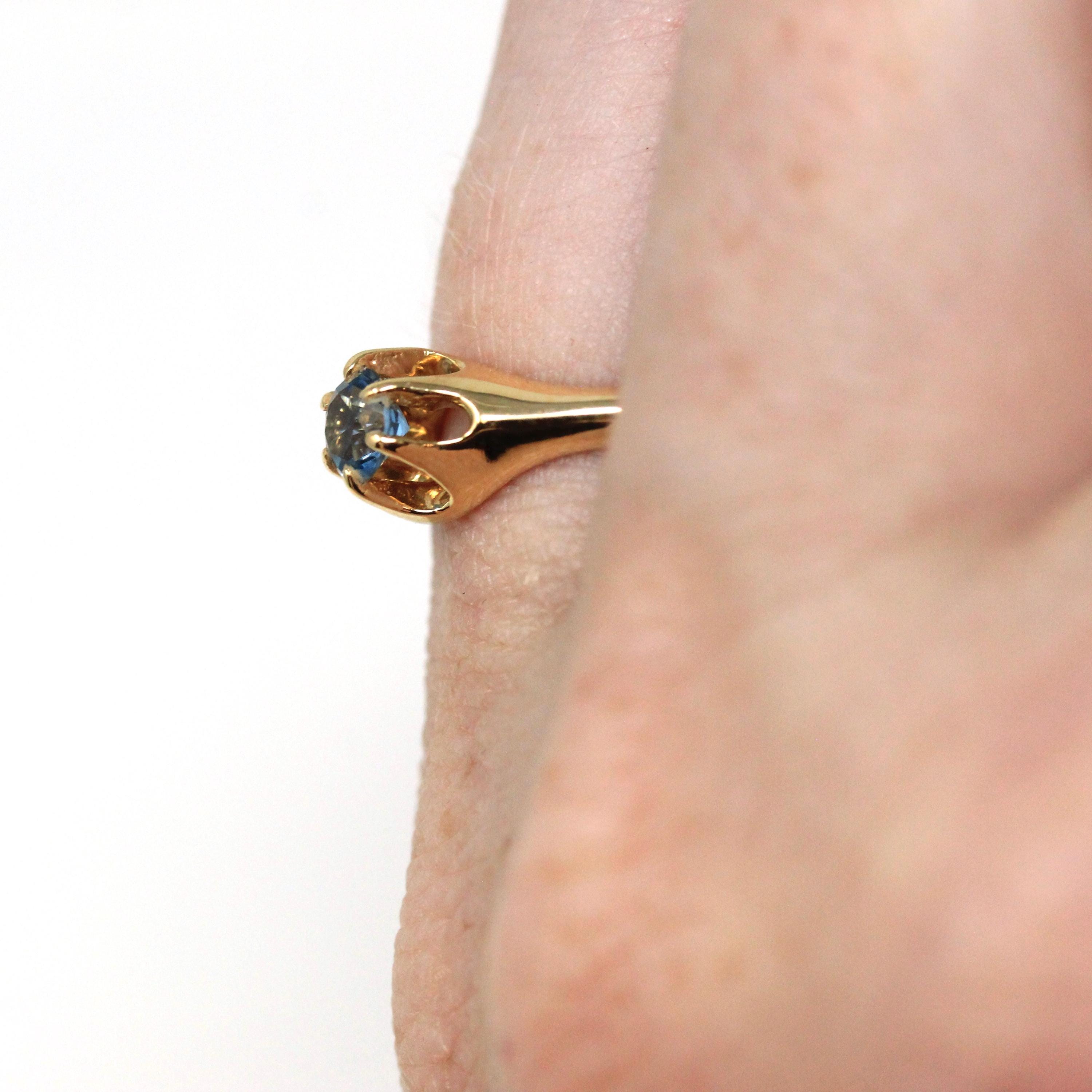 Blue Topaz Ring - Vintage 14k Yellow Gold Round Faceted Gemstone - Retro 1940s Era Size 5 Unisex Belcher Fine December Birthstone Jewelry