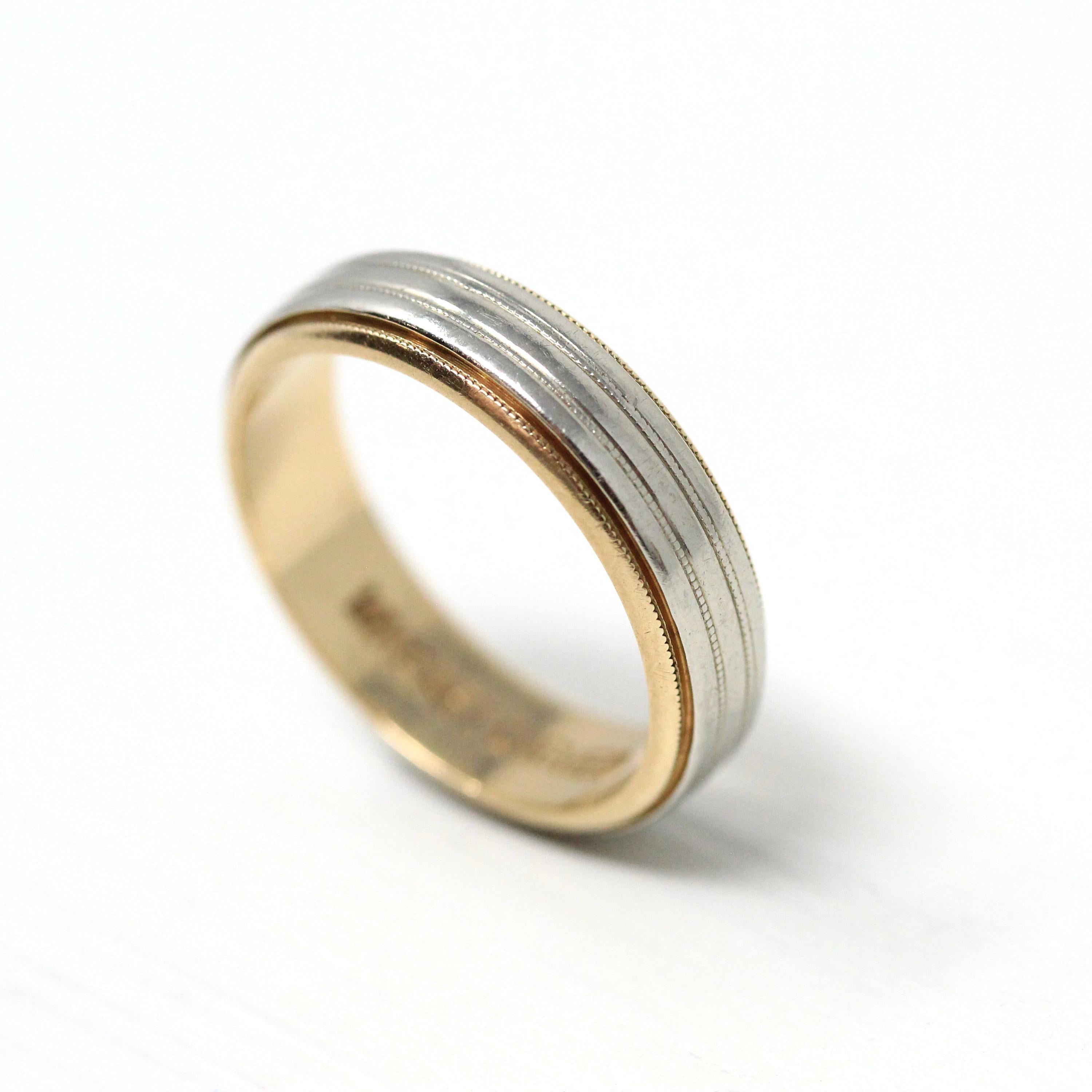 Dated 1952 Band - Modern 14k Yellow & White Gold Milgrain Cigar Style - Vintage Size 5.5 Two Tone Fine Precious Engraved Wedding Jewelry
