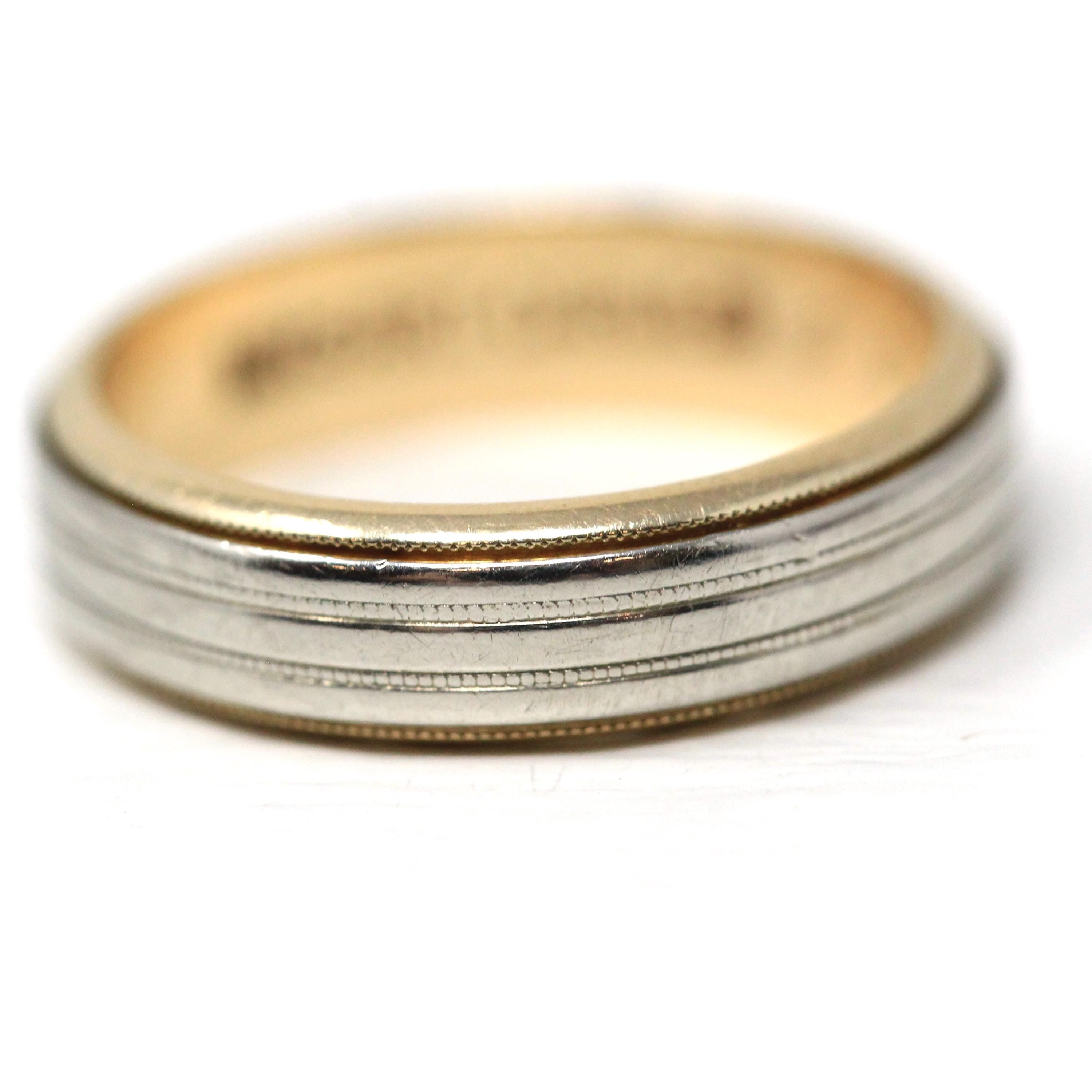 Dated 1952 Band - Modern 14k Yellow & White Gold Milgrain Cigar Style - Vintage Size 5.5 Two Tone Fine Precious Engraved Wedding Jewelry