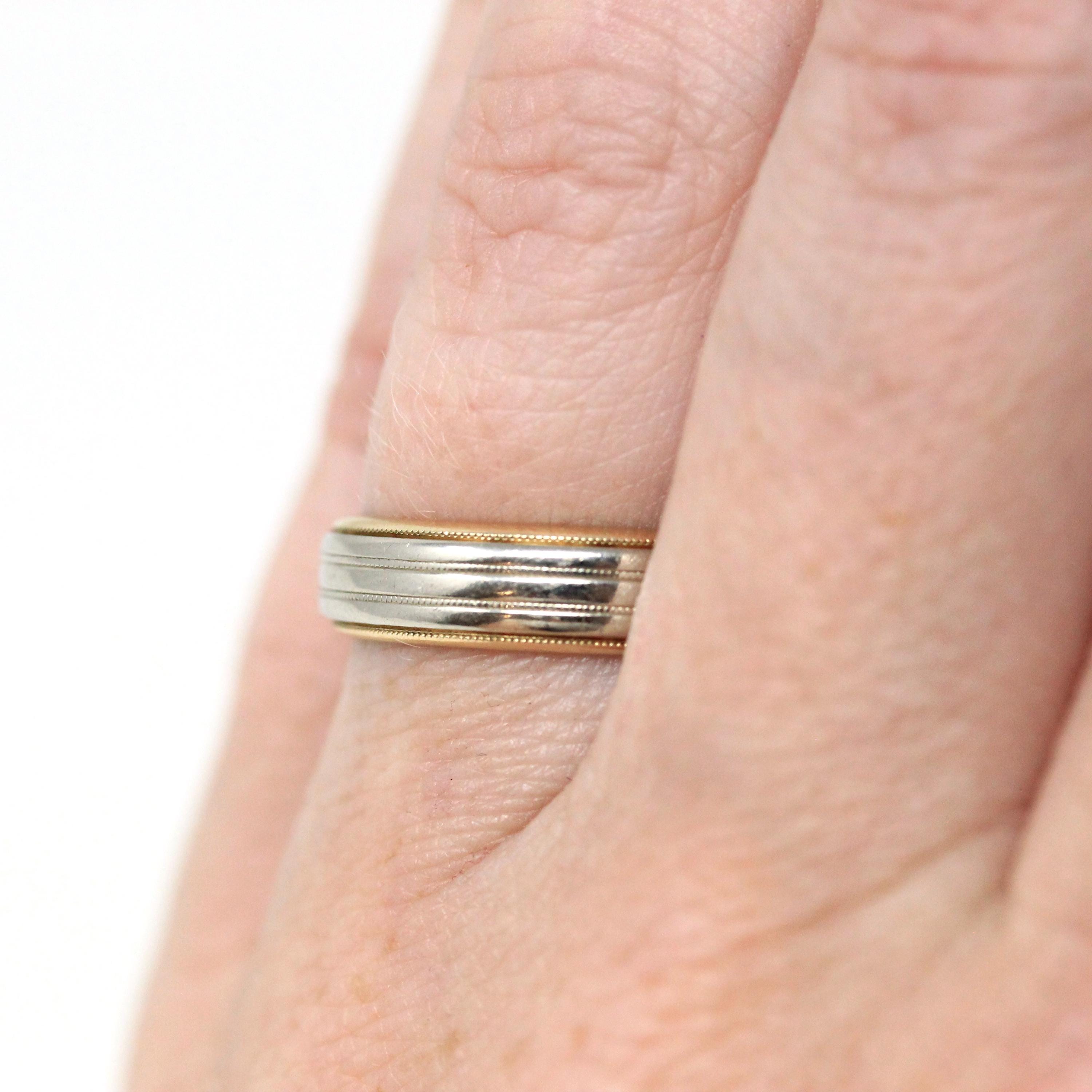 Dated 1952 Band - Modern 14k Yellow & White Gold Milgrain Cigar Style - Vintage Size 5.5 Two Tone Fine Precious Engraved Wedding Jewelry