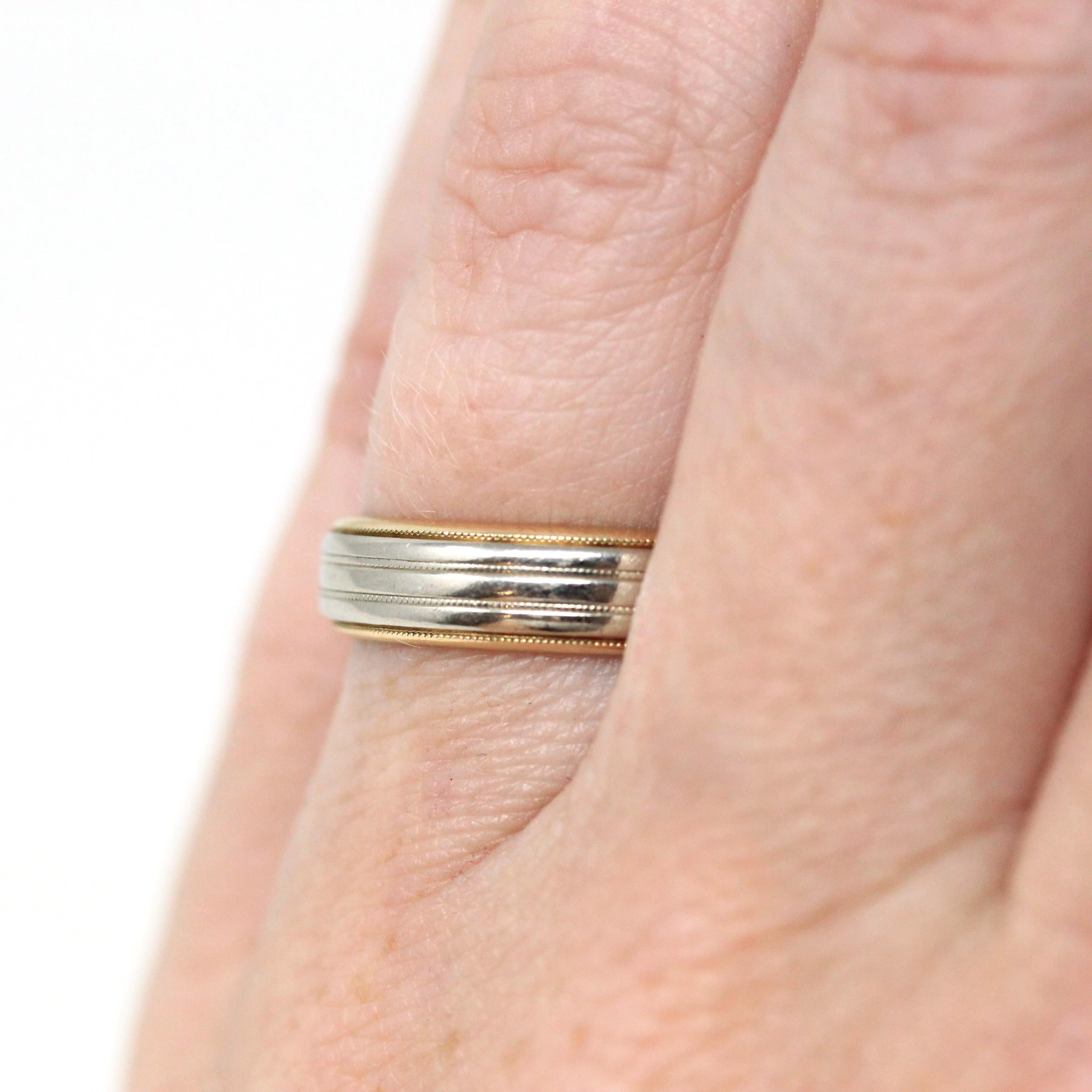 Dated 1952 Band - Modern 14k Yellow & White Gold Milgrain Cigar Style - Vintage Size 5.5 Two Tone Fine Precious Engraved Wedding Jewelry