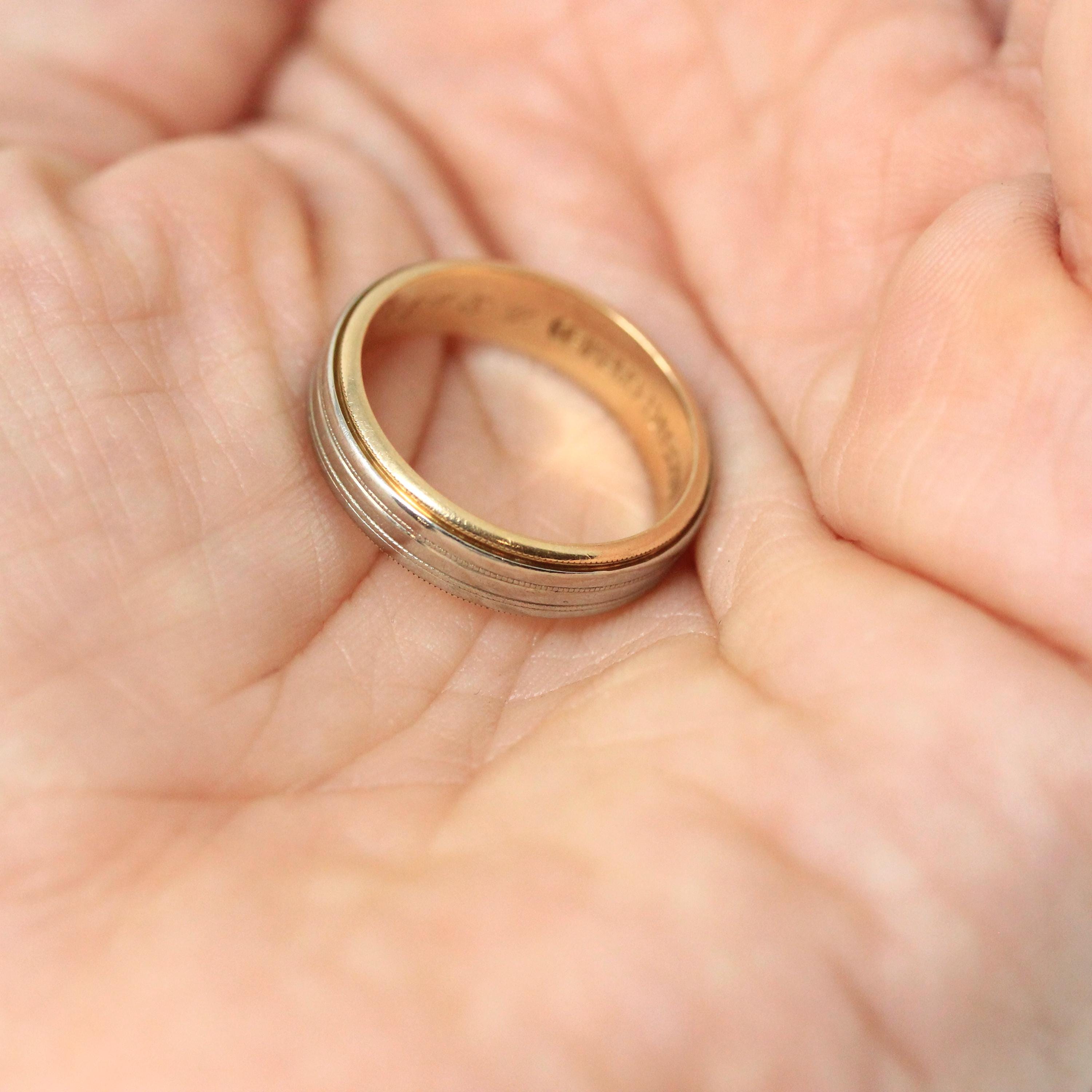 Dated 1952 Band - Modern 14k Yellow & White Gold Milgrain Cigar Style - Vintage Size 5.5 Two Tone Fine Precious Engraved Wedding Jewelry