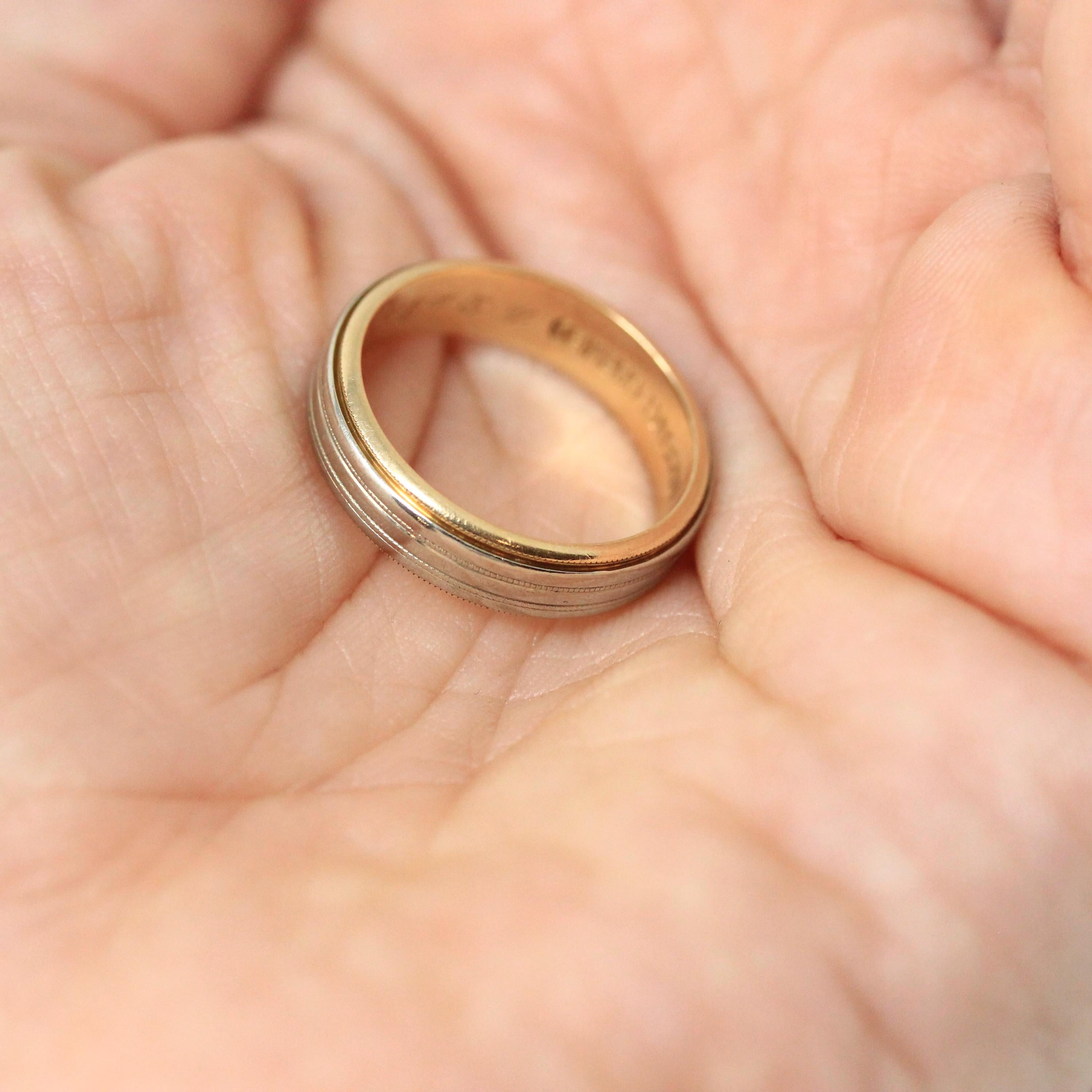 Dated 1952 Band - Modern 14k Yellow & White Gold Milgrain Cigar Style - Vintage Size 5.5 Two Tone Fine Precious Engraved Wedding Jewelry