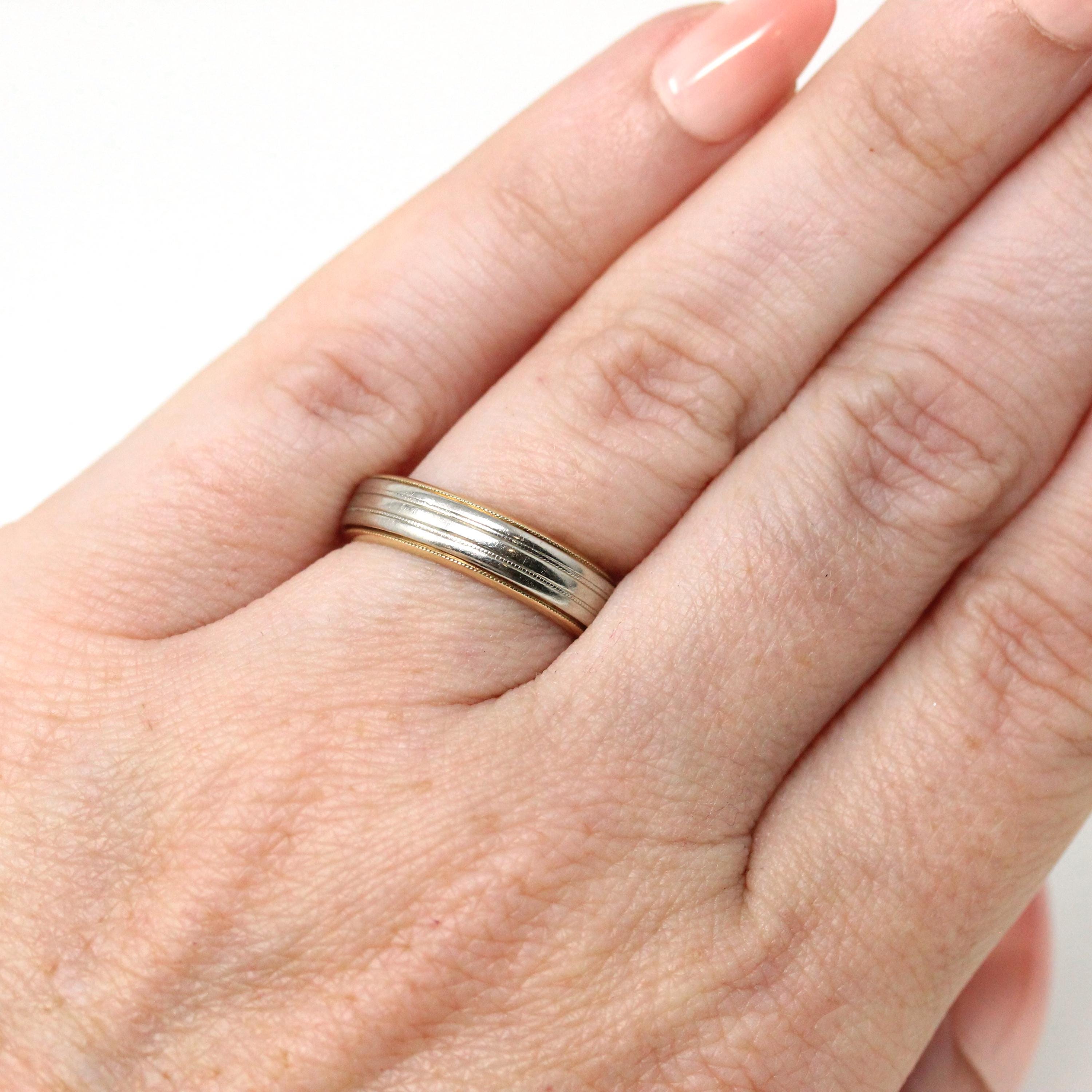 Dated 1952 Band - Modern 14k Yellow & White Gold Milgrain Cigar Style - Vintage Size 5.5 Two Tone Fine Precious Engraved Wedding Jewelry