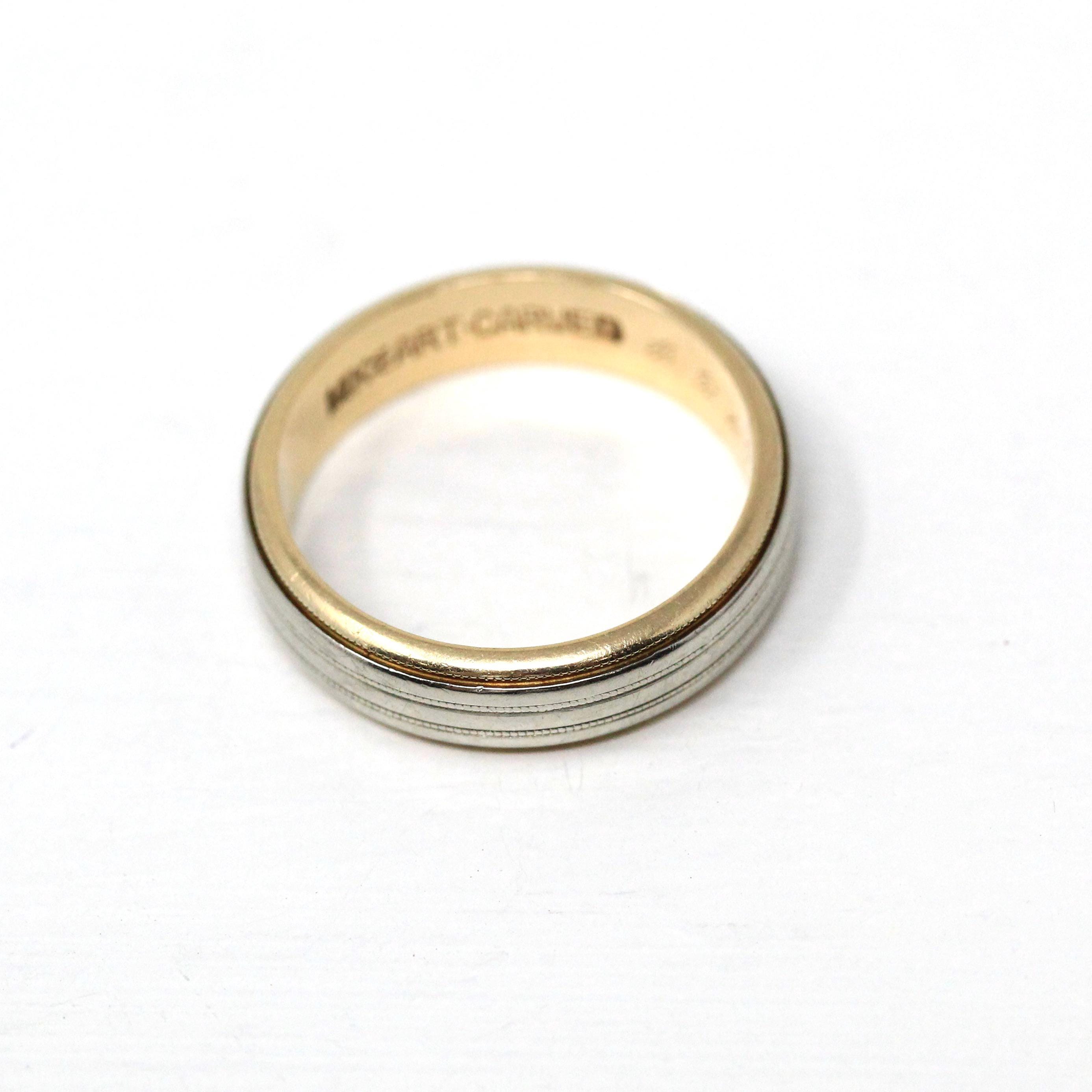 Dated 1952 Band - Modern 14k Yellow & White Gold Milgrain Cigar Style - Vintage Size 5.5 Two Tone Fine Precious Engraved Wedding Jewelry