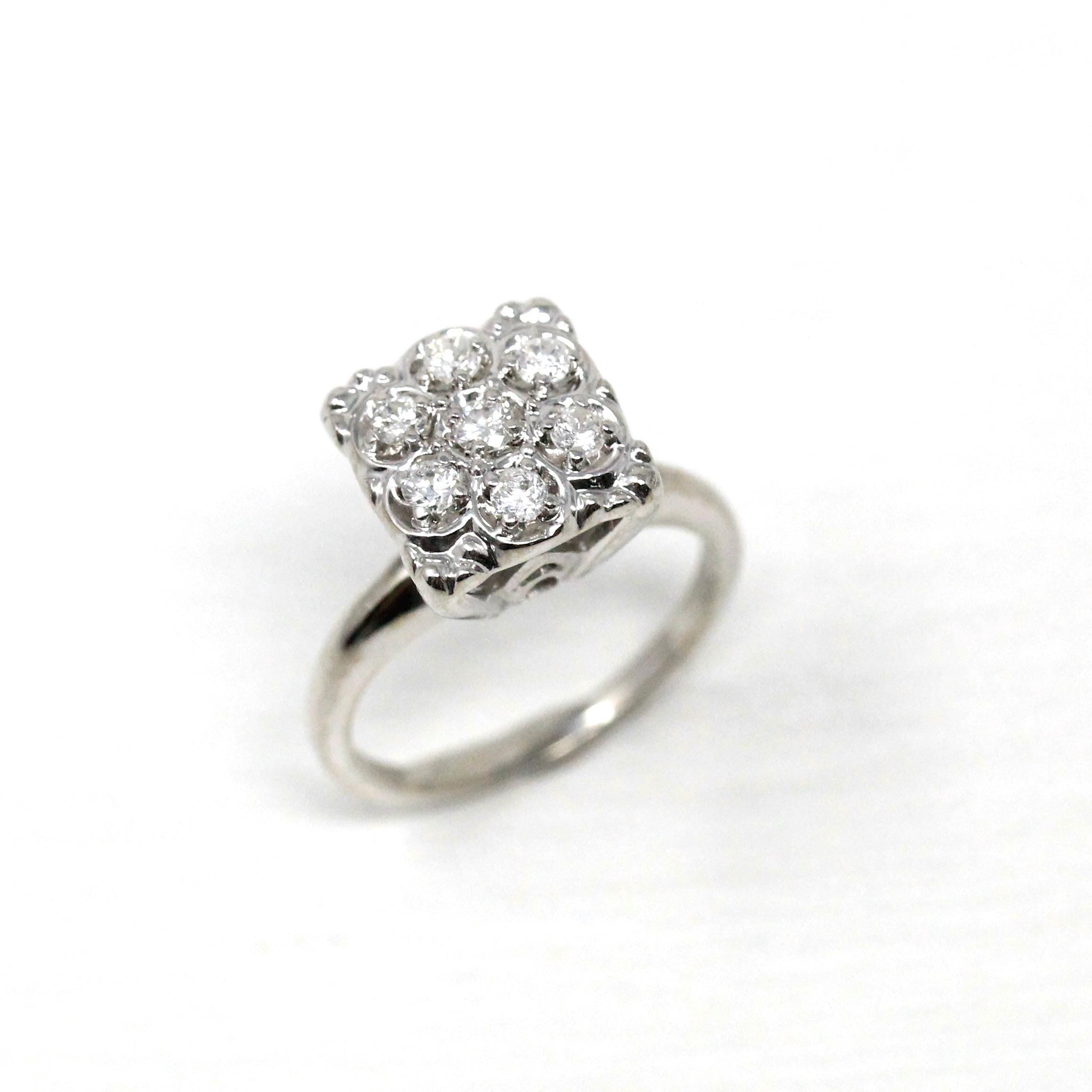 Diamond Cluster Ring - Mid Century 10k White Gold Genuine Gemstones - Vintage Circa 1950s Era Size 4 1/4 Cocktail Flower Fine Halo Jewelry