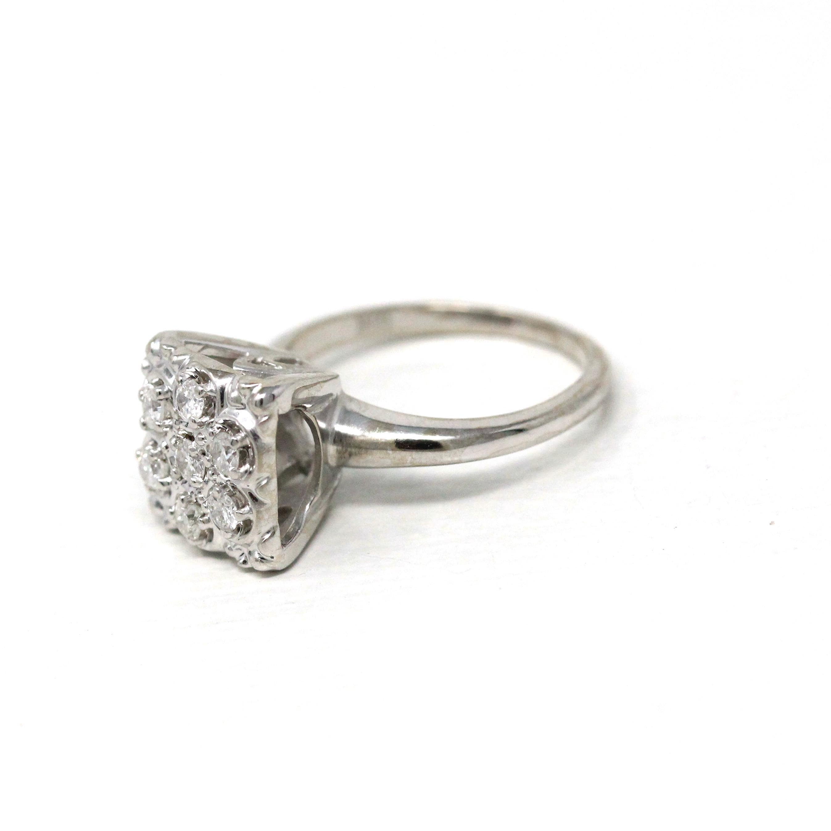 Diamond Cluster Ring - Mid Century 10k White Gold Genuine Gemstones - Vintage Circa 1950s Era Size 4 1/4 Cocktail Flower Fine Halo Jewelry