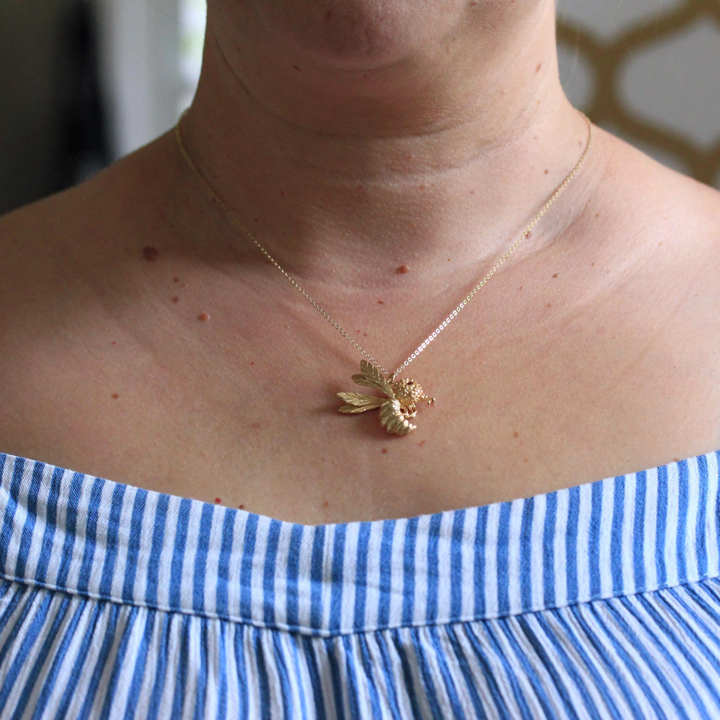 Vintage Wasp Necklace - Estate 14k Yellow Gold Winged Insect - Modern Circa 1980s Era Genuine Red Ruby Eye Bug Bee Hornet Fine 80s Jewelry