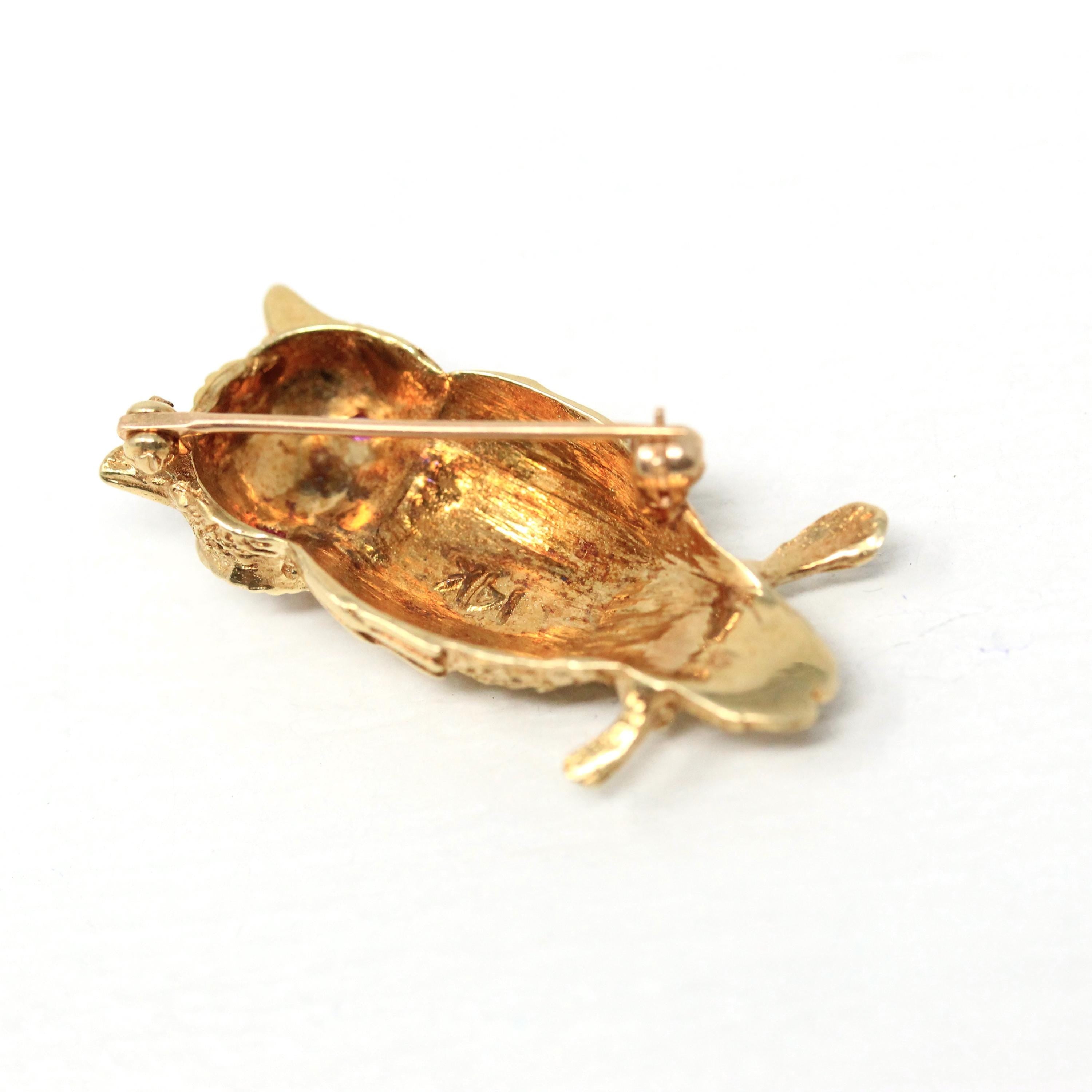 Vintage Owl Brooch - Retro Era 14k Yellow Gold Created Ruby Eyes Winged Animal Pendant - Circa 1960s Figural Gemstone Fine 60s Bird Jewelry
