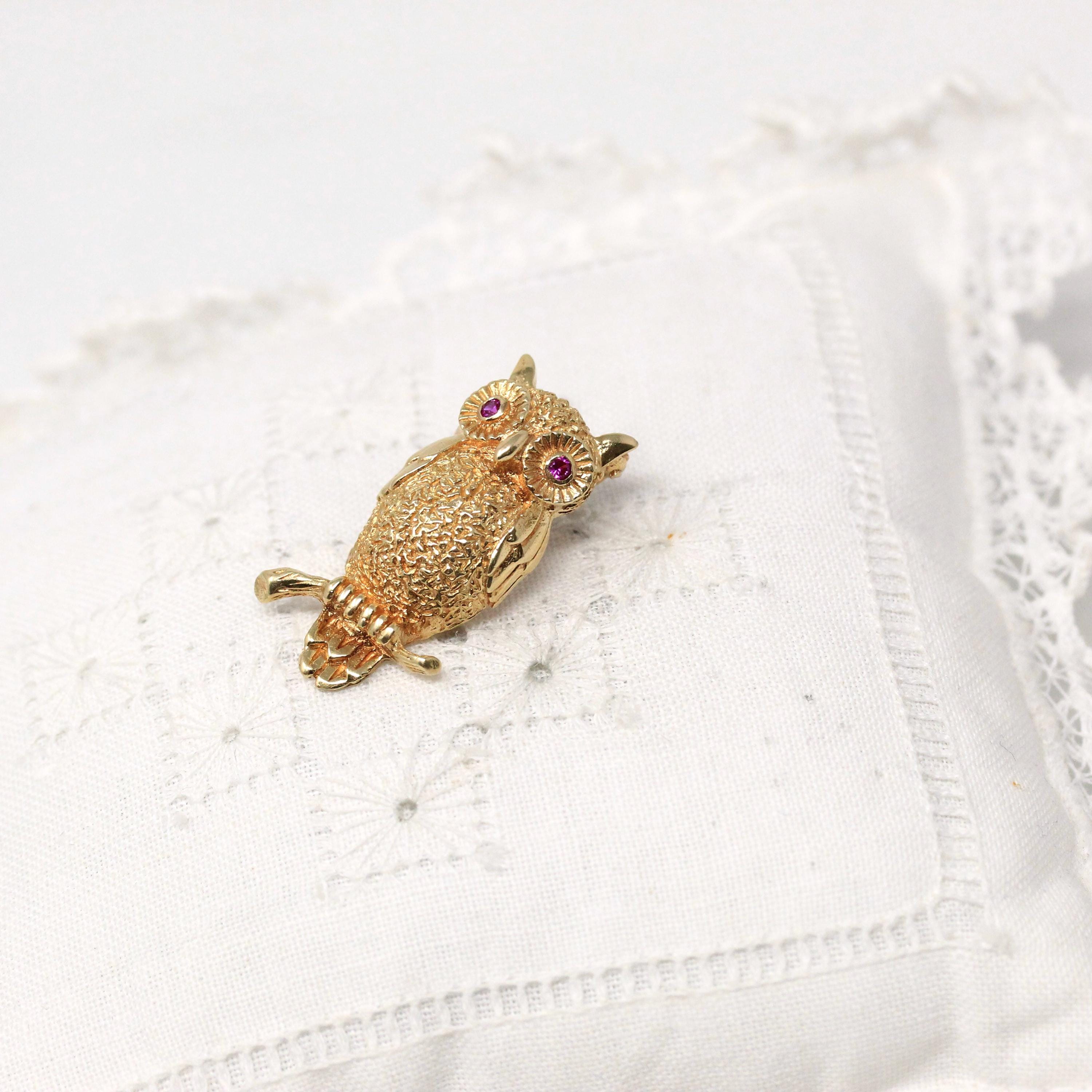 Vintage Owl Brooch - Retro Era 14k Yellow Gold Created Ruby Eyes Winged Animal Pendant - Circa 1960s Figural Gemstone Fine 60s Bird Jewelry