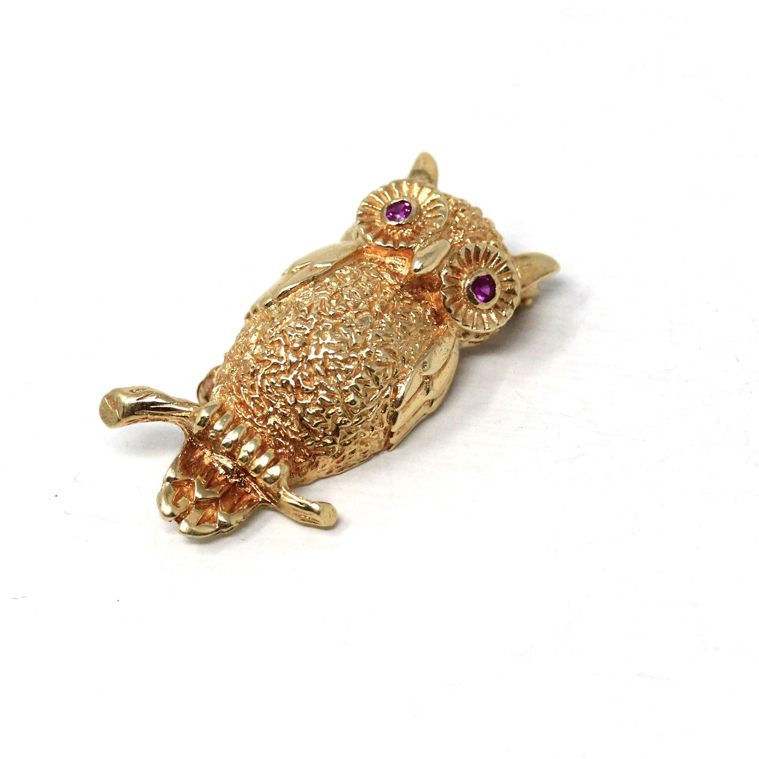 Vintage Owl Brooch - Retro Era 14k Yellow Gold Created Ruby Eyes Winged Animal Pendant - Circa 1960s Figural Gemstone Fine 60s Bird Jewelry