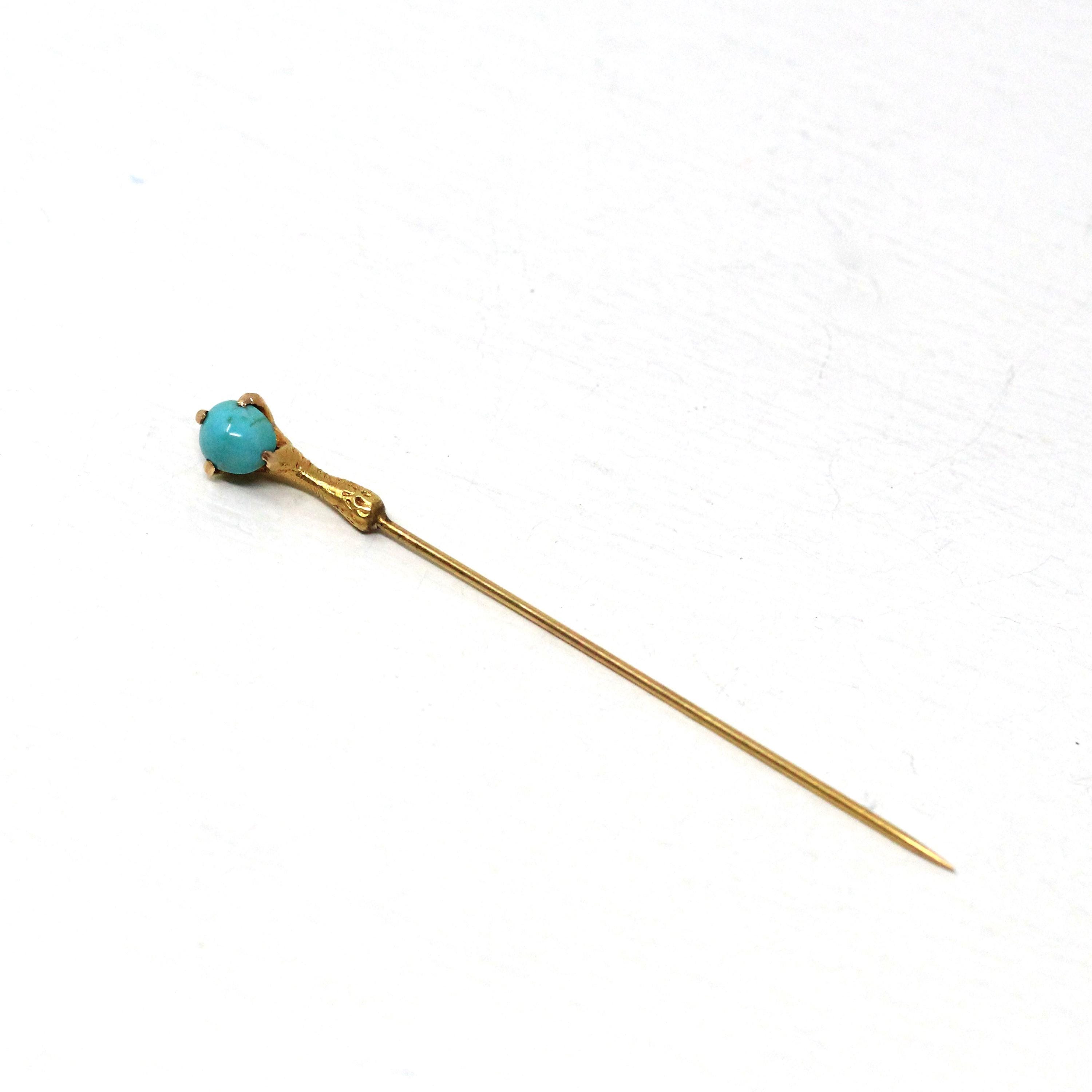 Antique Turquoise Stick Pin - Victorian 14k Yellow Gold Blue Green Cabochon Gemstone - Vintage Circa 1890s Era Bird Talon Claw Fine Jewelry