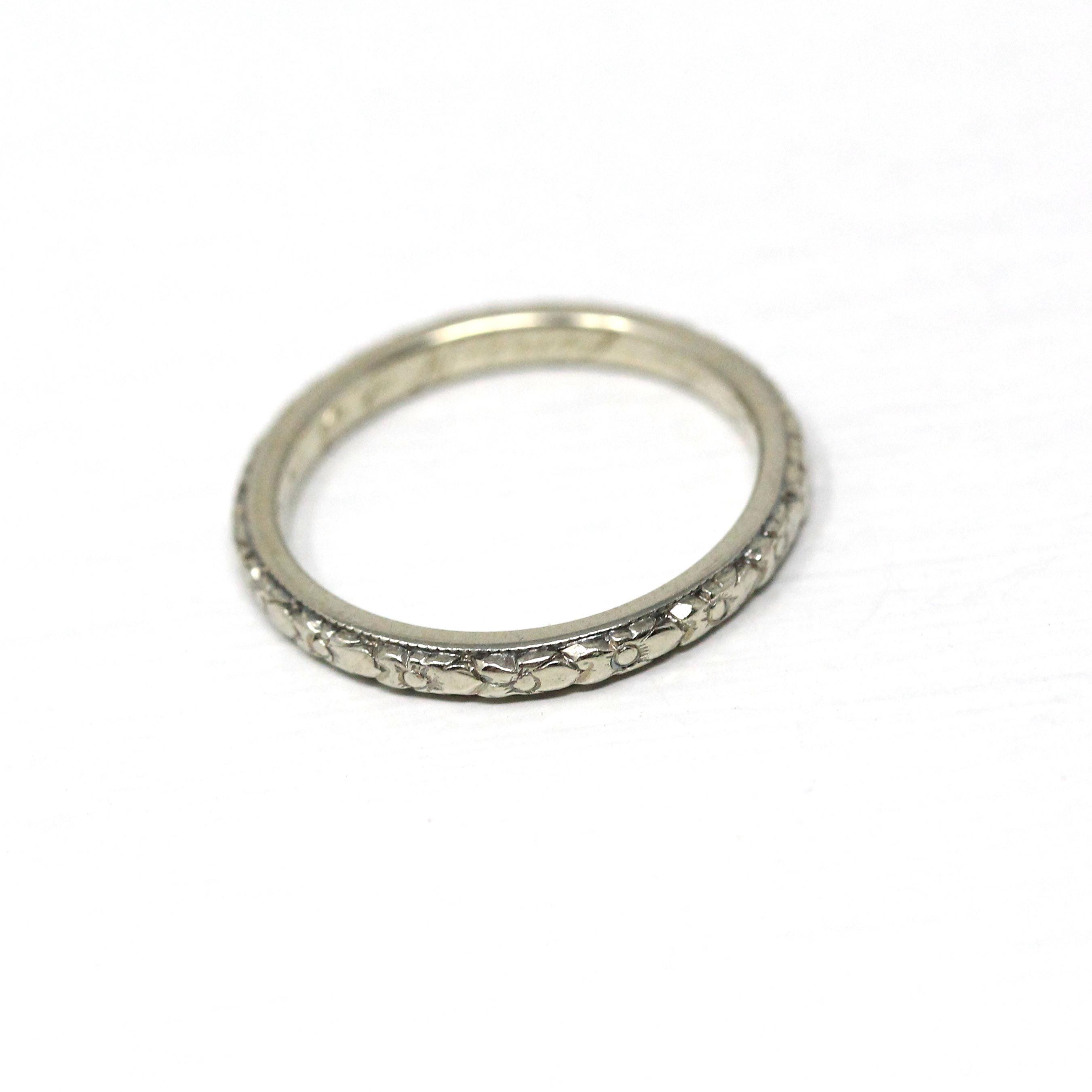 Art Deco Wedding Band - Vintage 18k White Gold Orange Blossom Eternity Ring - Vintage Circa 1930s Size 4 3/4 Bridal Fine Stacking Jewelry