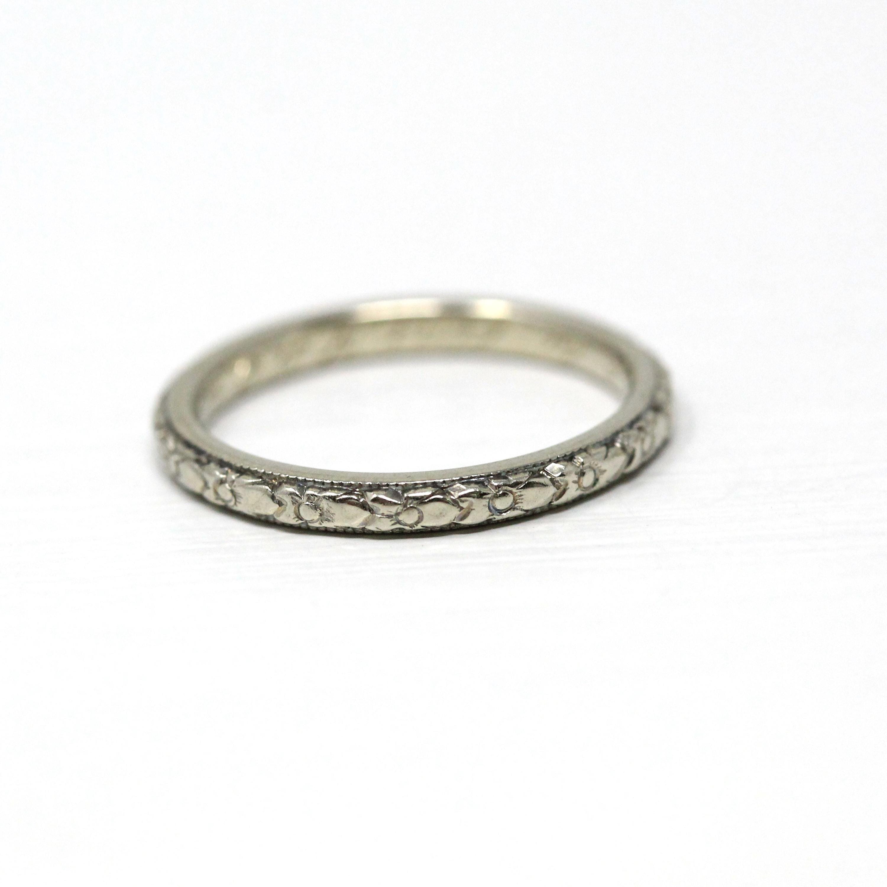 Art Deco Wedding Band - Vintage 18k White Gold Orange Blossom Eternity Ring - Vintage Circa 1930s Size 4 3/4 Bridal Fine Stacking Jewelry