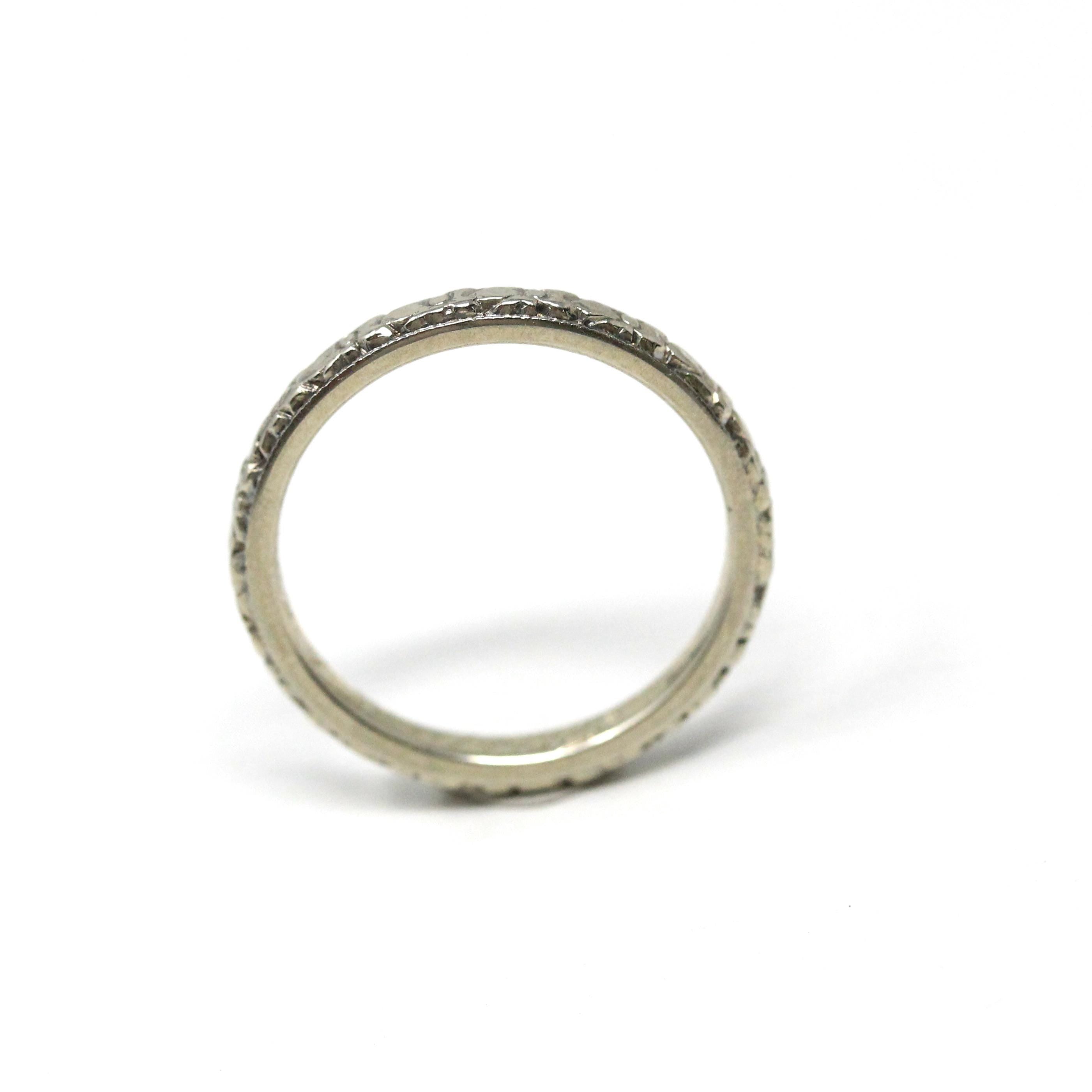 Art Deco Wedding Band - Vintage 18k White Gold Orange Blossom Eternity Ring - Vintage Circa 1930s Size 4 3/4 Bridal Fine Stacking Jewelry