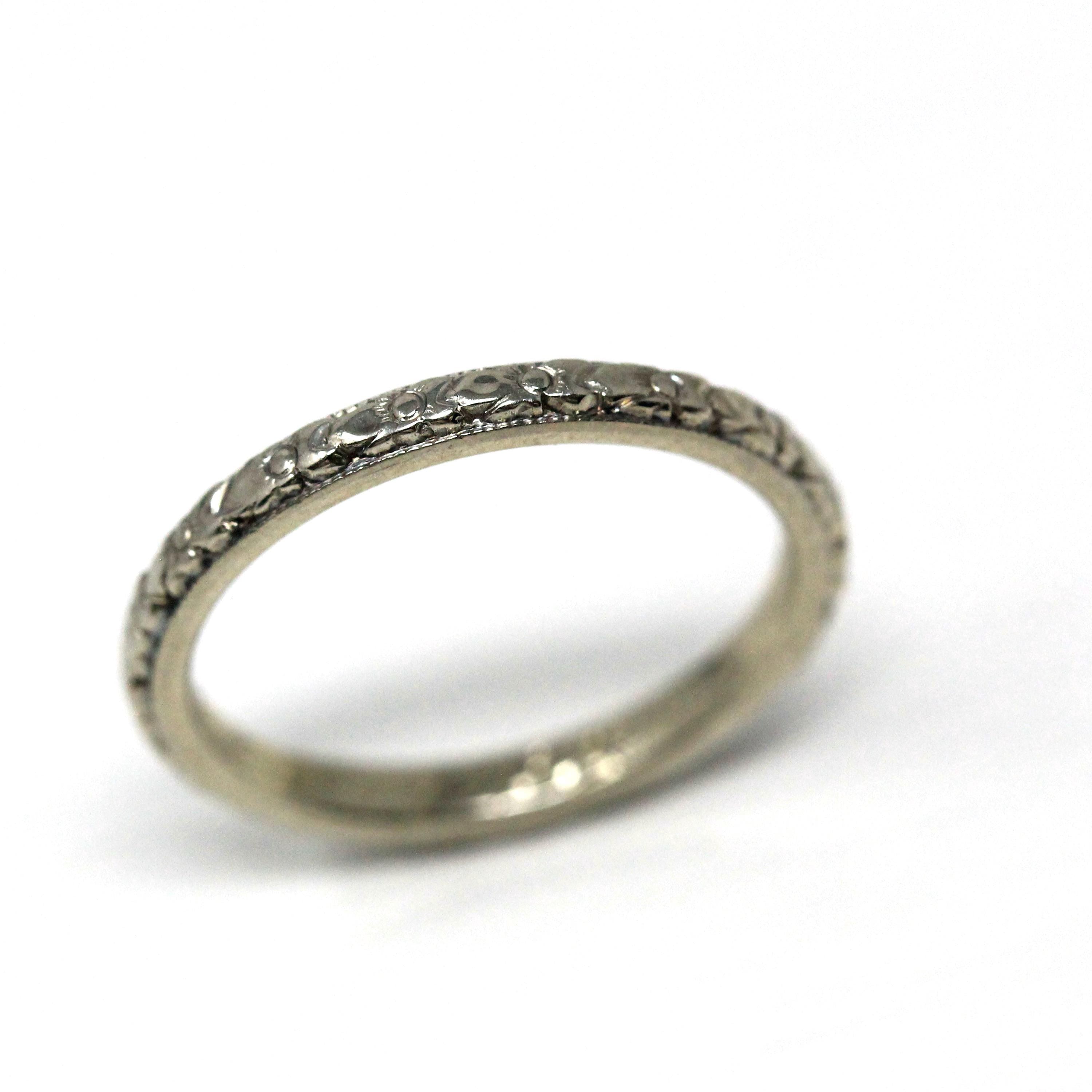 Art Deco Wedding Band - Vintage 18k White Gold Orange Blossom Eternity Ring - Vintage Circa 1930s Size 4 3/4 Bridal Fine Stacking Jewelry