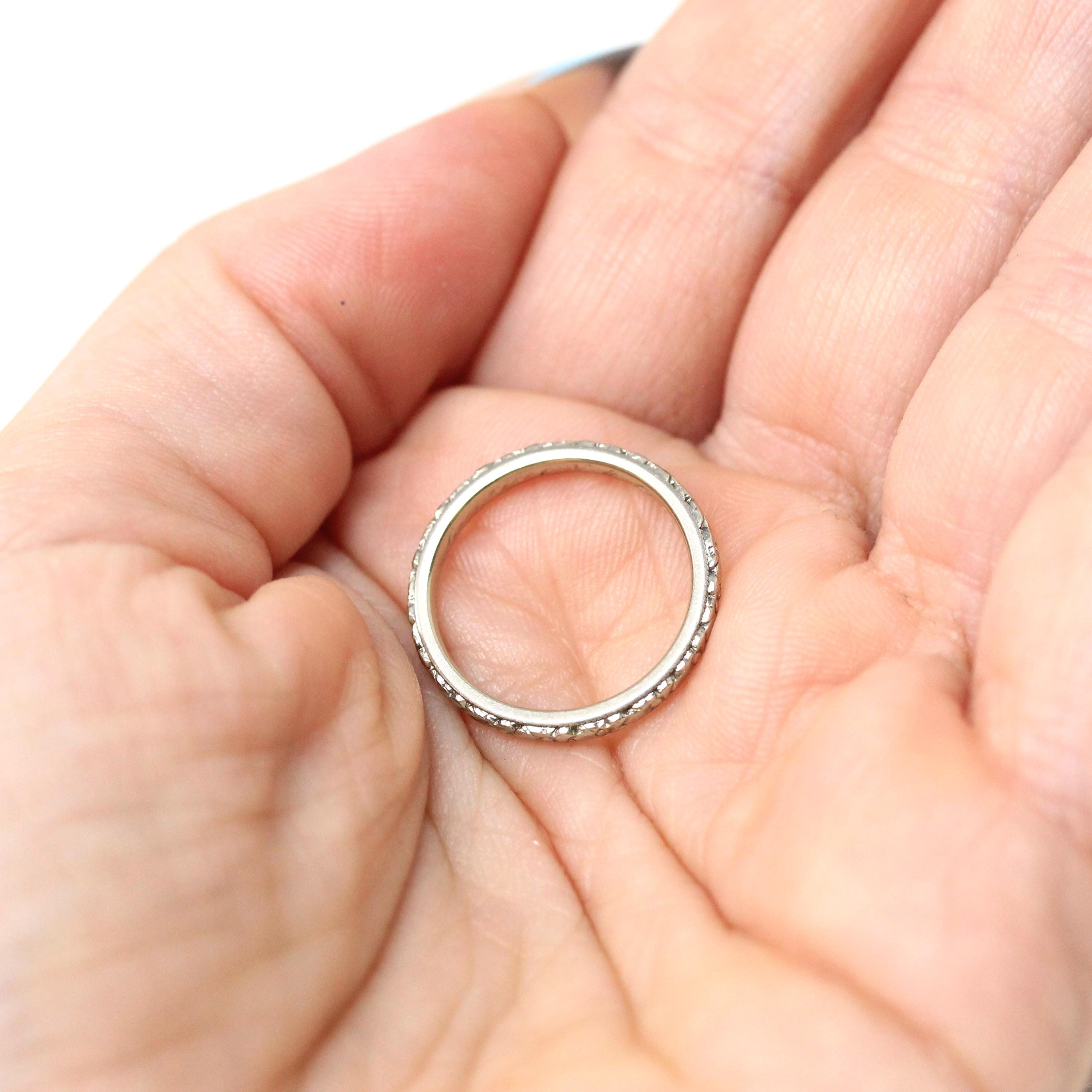 Art Deco Wedding Band - Vintage 18k White Gold Orange Blossom Eternity Ring - Vintage Circa 1930s Size 4 3/4 Bridal Fine Stacking Jewelry