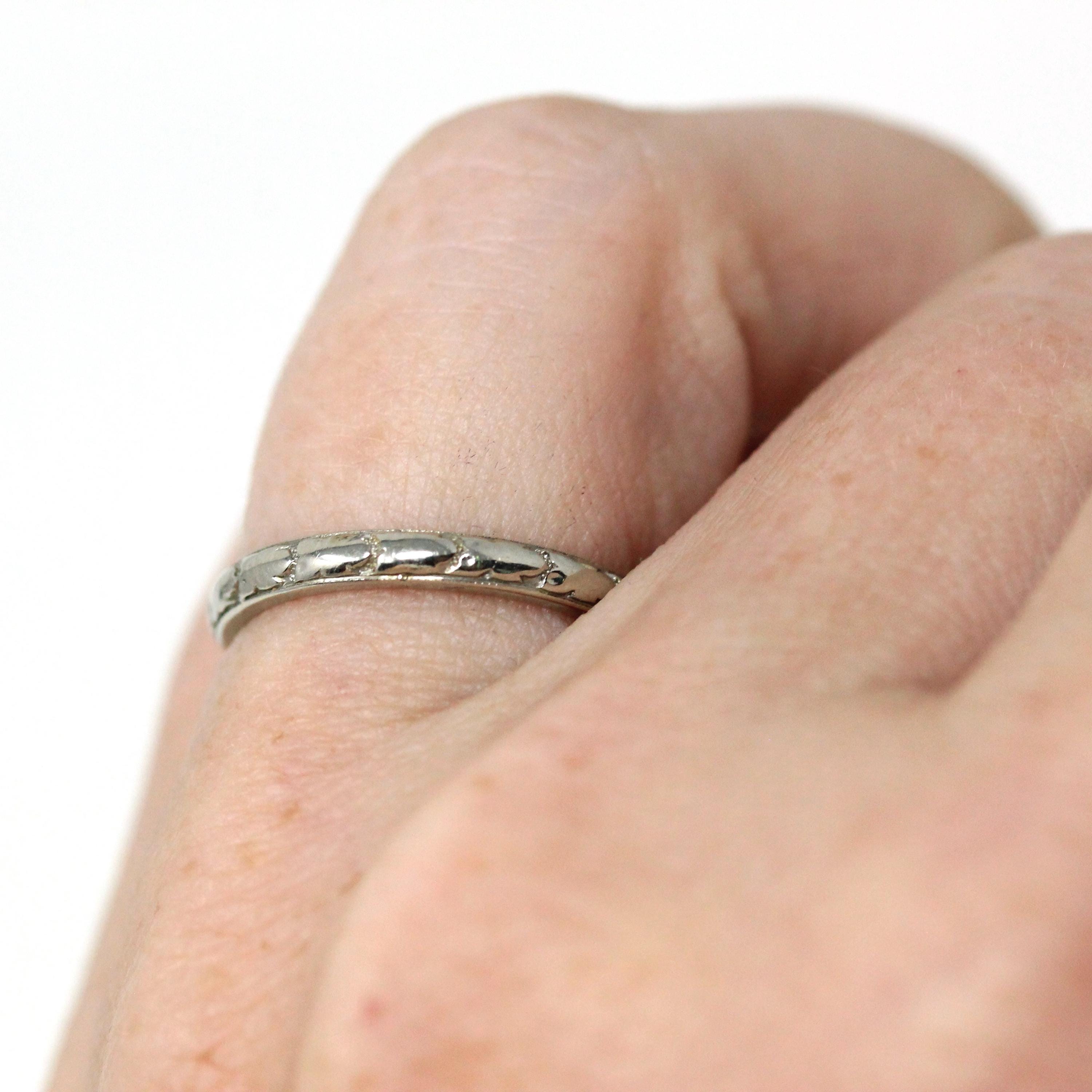 Art Deco Wedding Band - Vintage 18k White Gold Orange Blossom Eternity Ring - Vintage Circa 1930s Size 4 1/4 Bridal Fine Stacking Jewelry