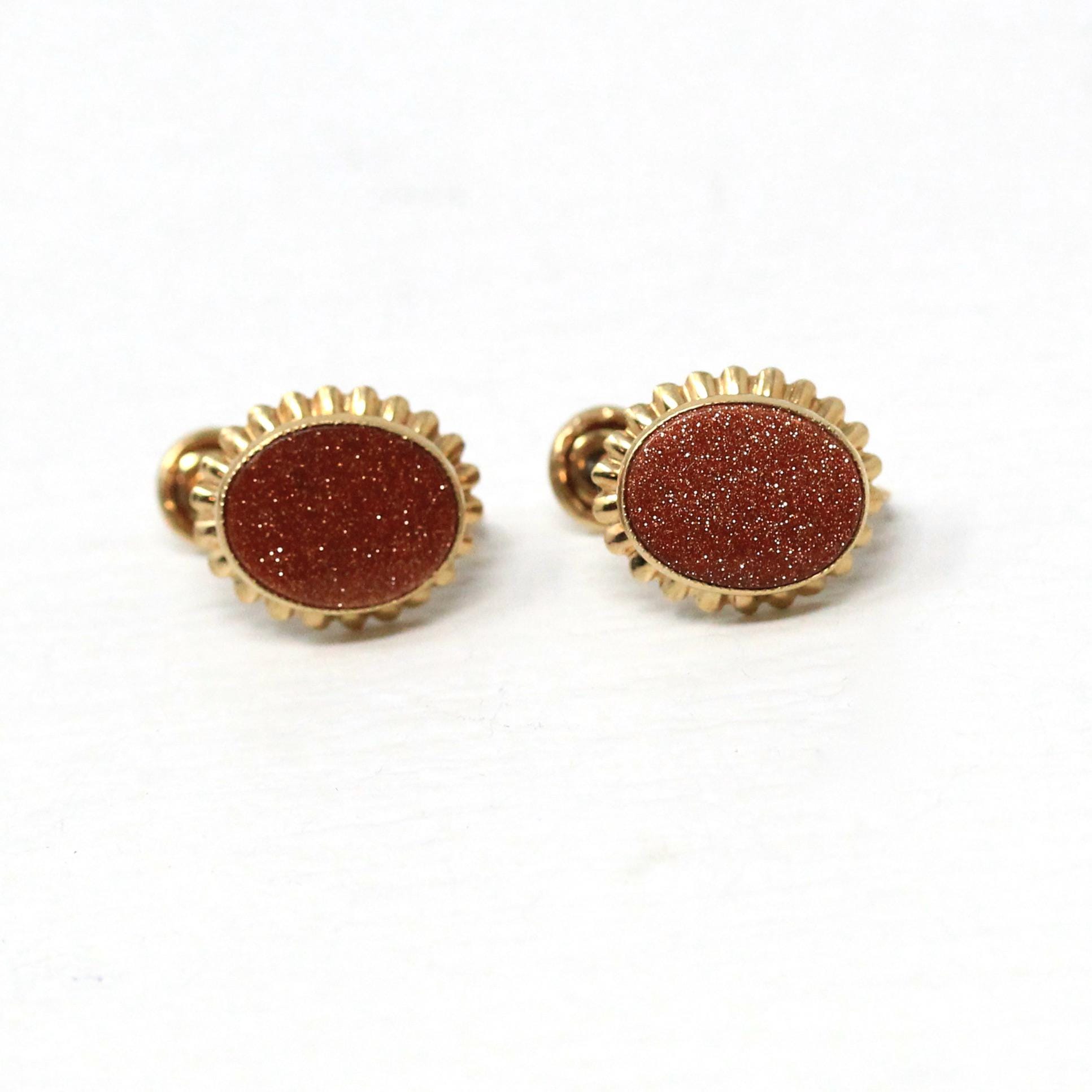 Goldstone Glass Earrings - Retro 10k Rosy Yellow Gold Oval Sparkling Brown Gems - Circa 1960s Era Screw Back Style Fine PSCO Jewelry