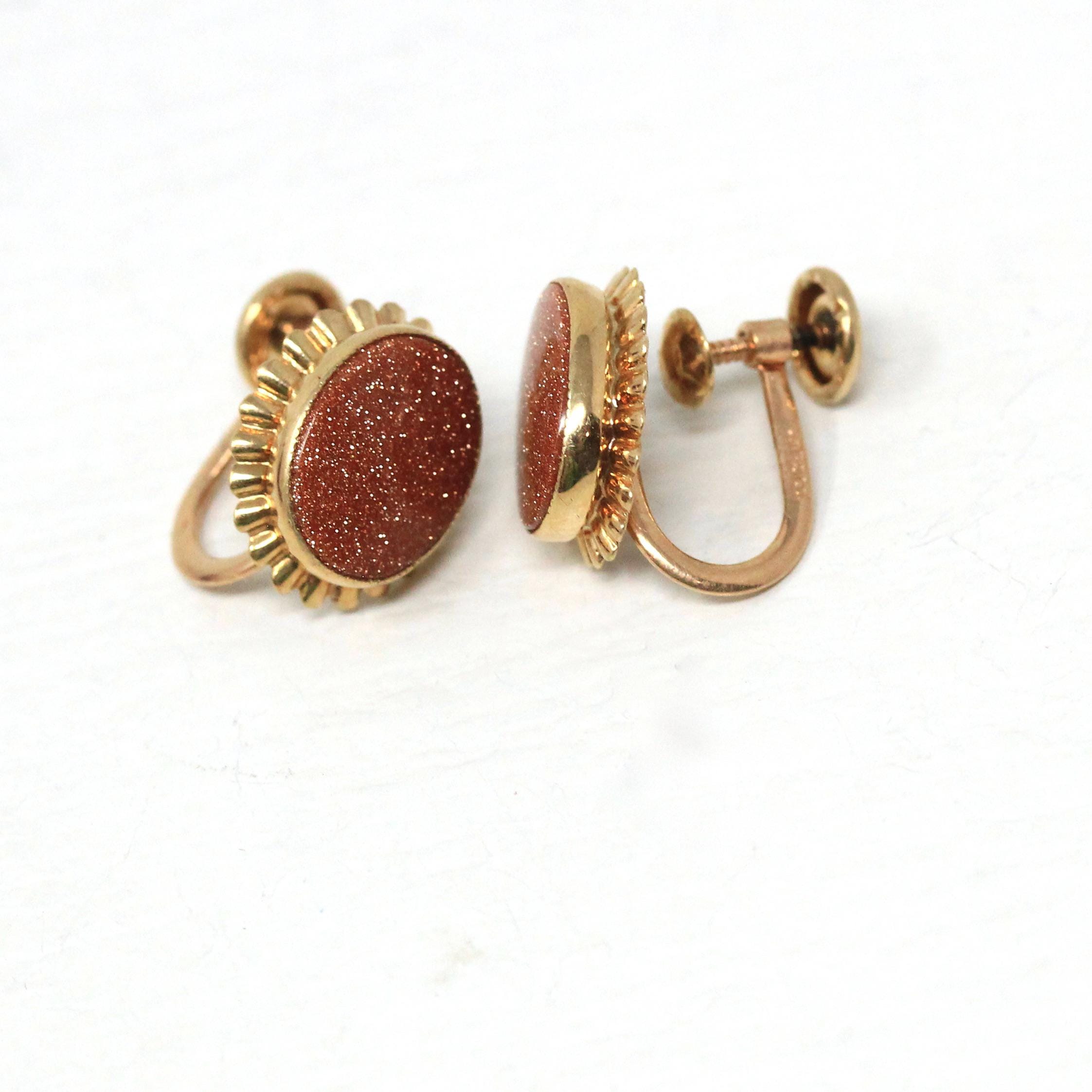 Goldstone Glass Earrings - Retro 10k Rosy Yellow Gold Oval Sparkling Brown Gems - Circa 1960s Era Screw Back Style Fine PSCO Jewelry