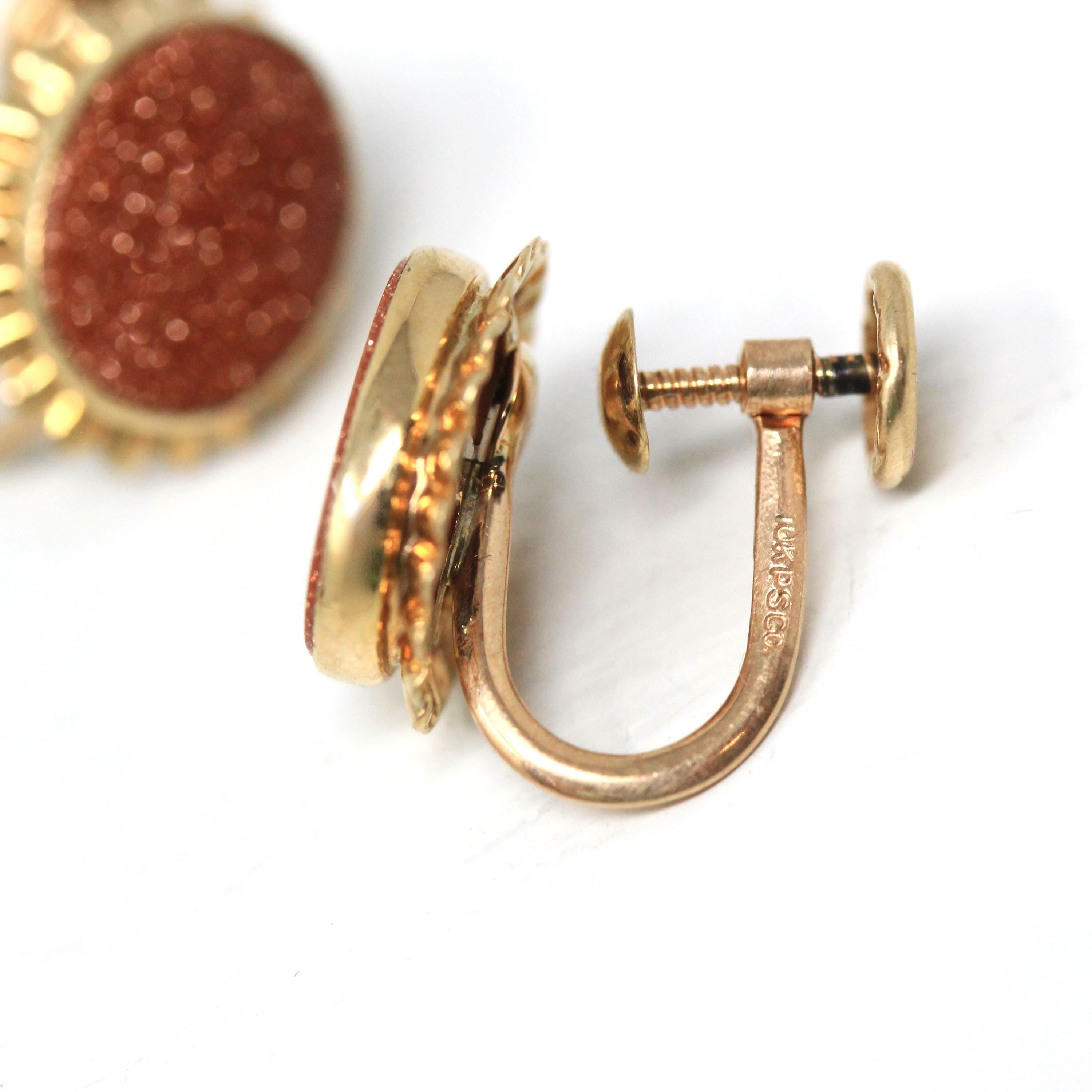 Goldstone Glass Earrings - Retro 10k Rosy Yellow Gold Oval Sparkling Brown Gems - Circa 1960s Era Screw Back Style Fine PSCO Jewelry