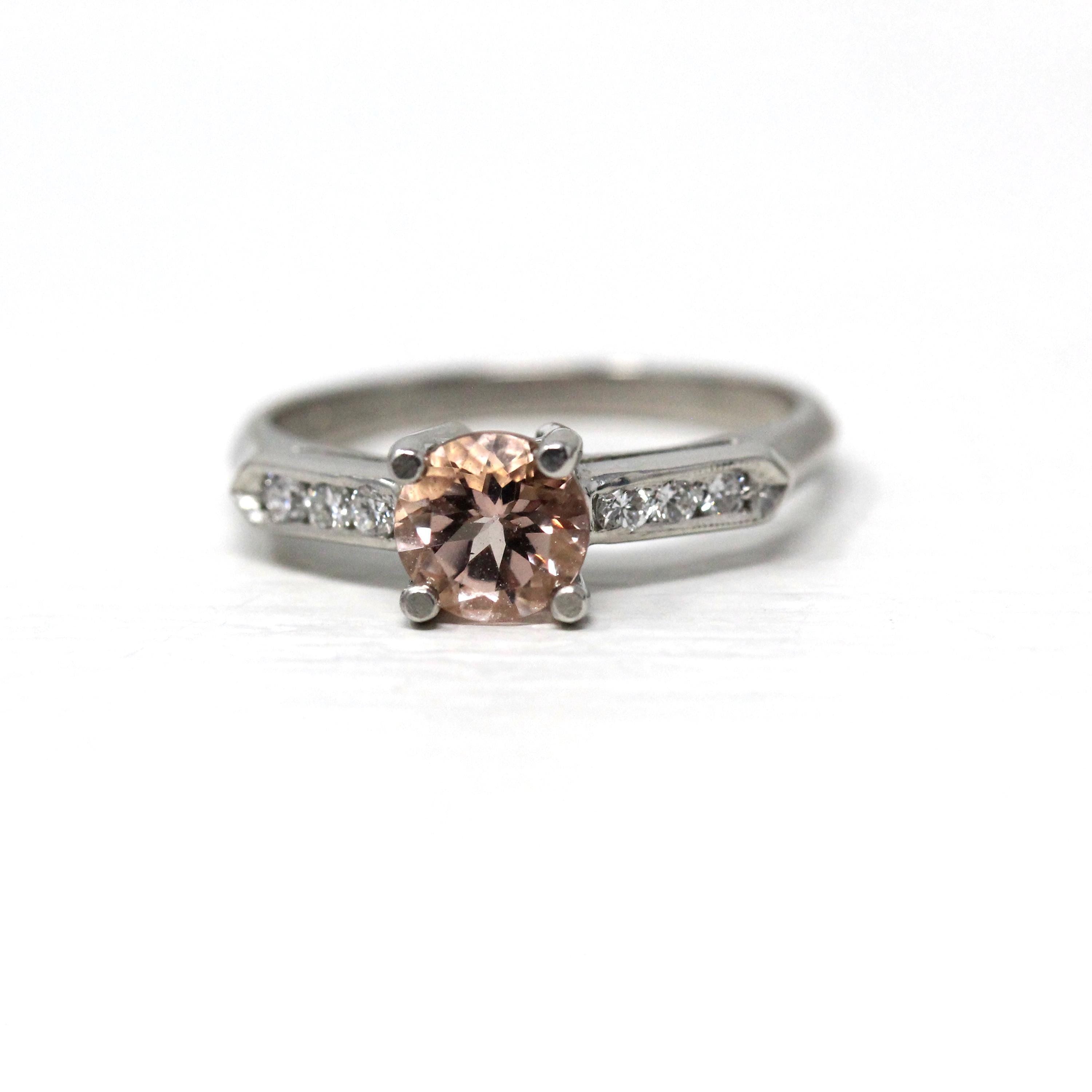 Morganite Engagement Ring - Vintage Platinum .77 CT Pink Gemstone .18 CTW Diamonds Wedding Ring - Size 6 1/2 1950s Retro Fine Bridal Jewelry