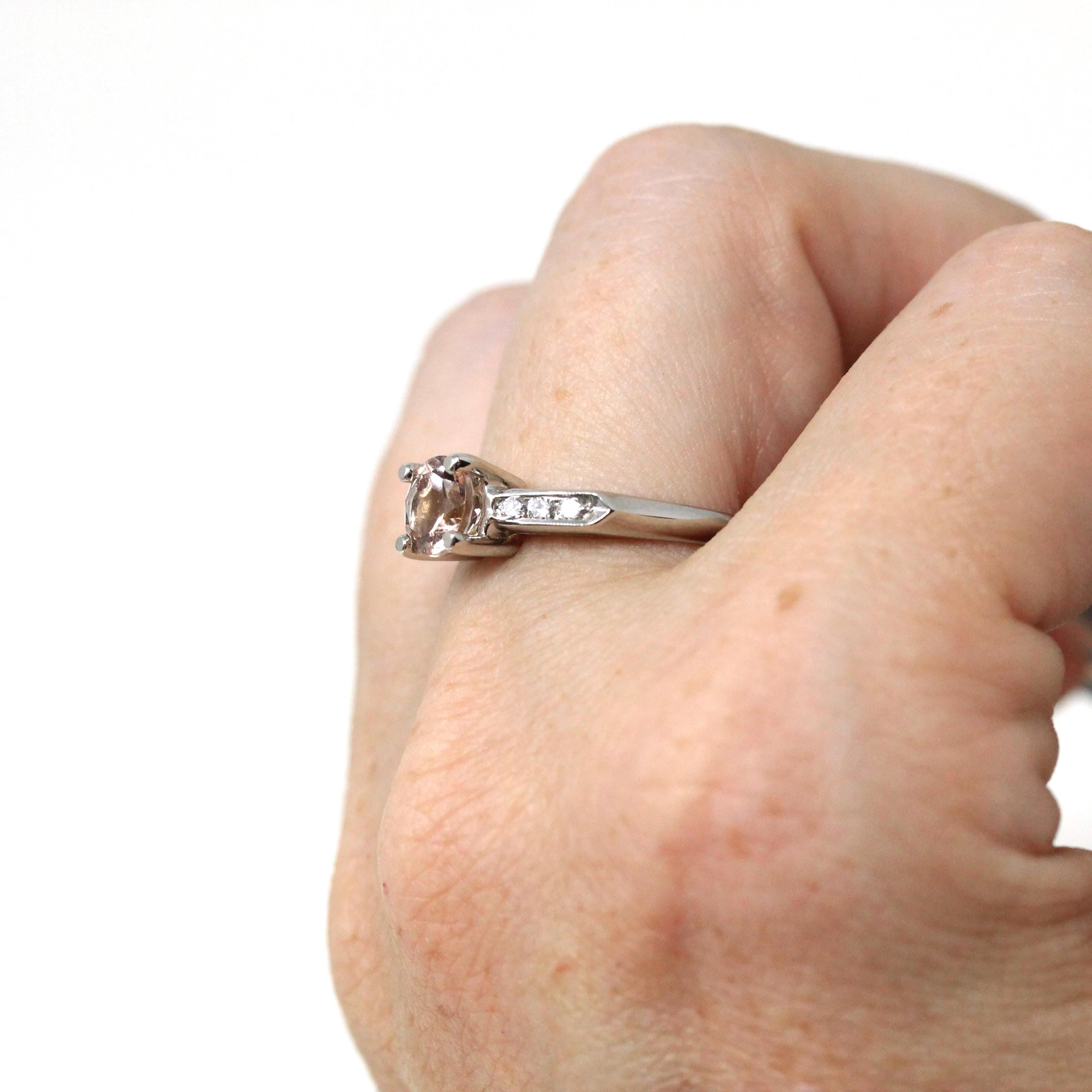 Morganite Engagement Ring - Vintage Platinum .77 CT Pink Gemstone .18 CTW Diamonds Wedding Ring - Size 6 1/2 1950s Retro Fine Bridal Jewelry