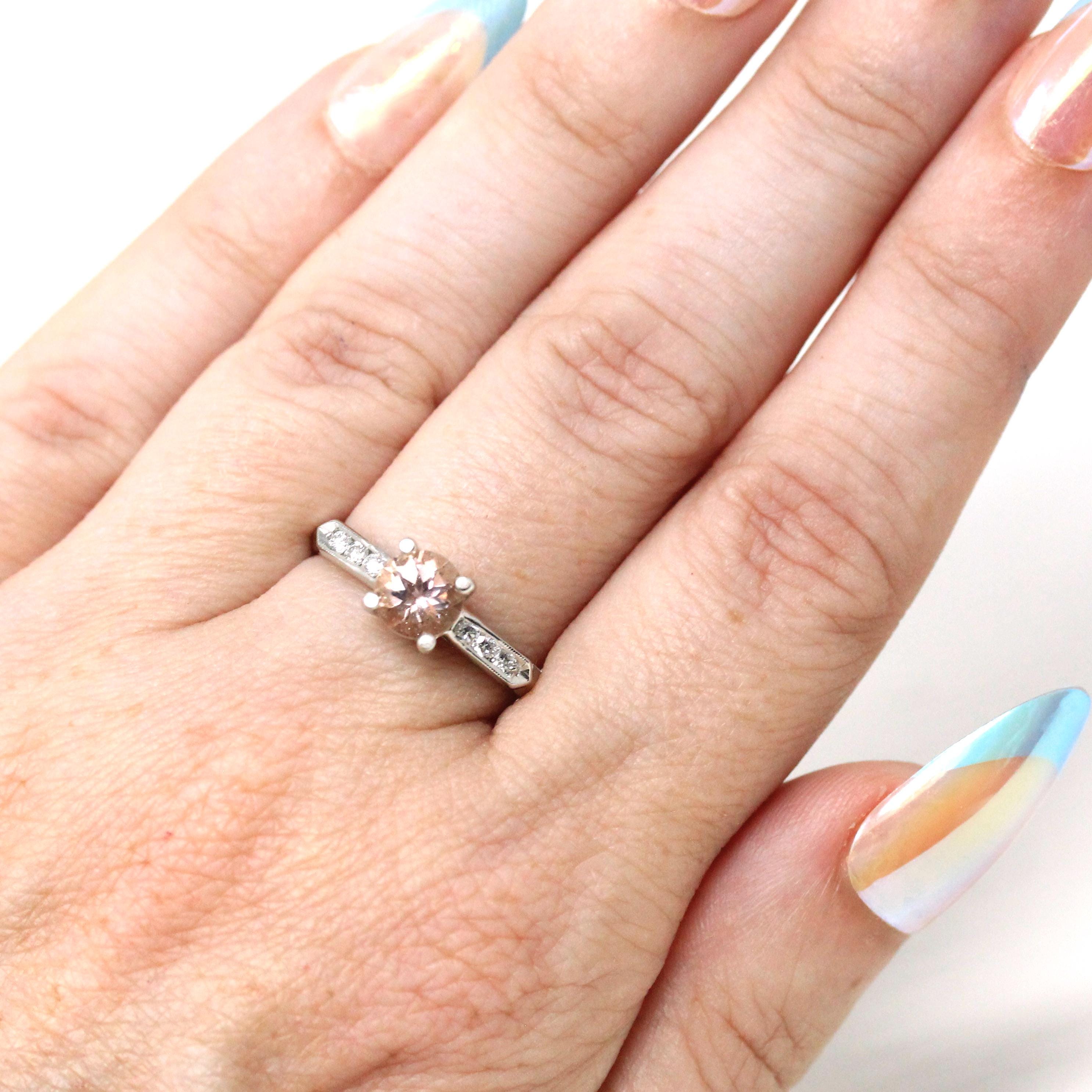 Morganite Engagement Ring - Vintage Platinum .77 CT Pink Gemstone .18 CTW Diamonds Wedding Ring - Size 6 1/2 1950s Retro Fine Bridal Jewelry