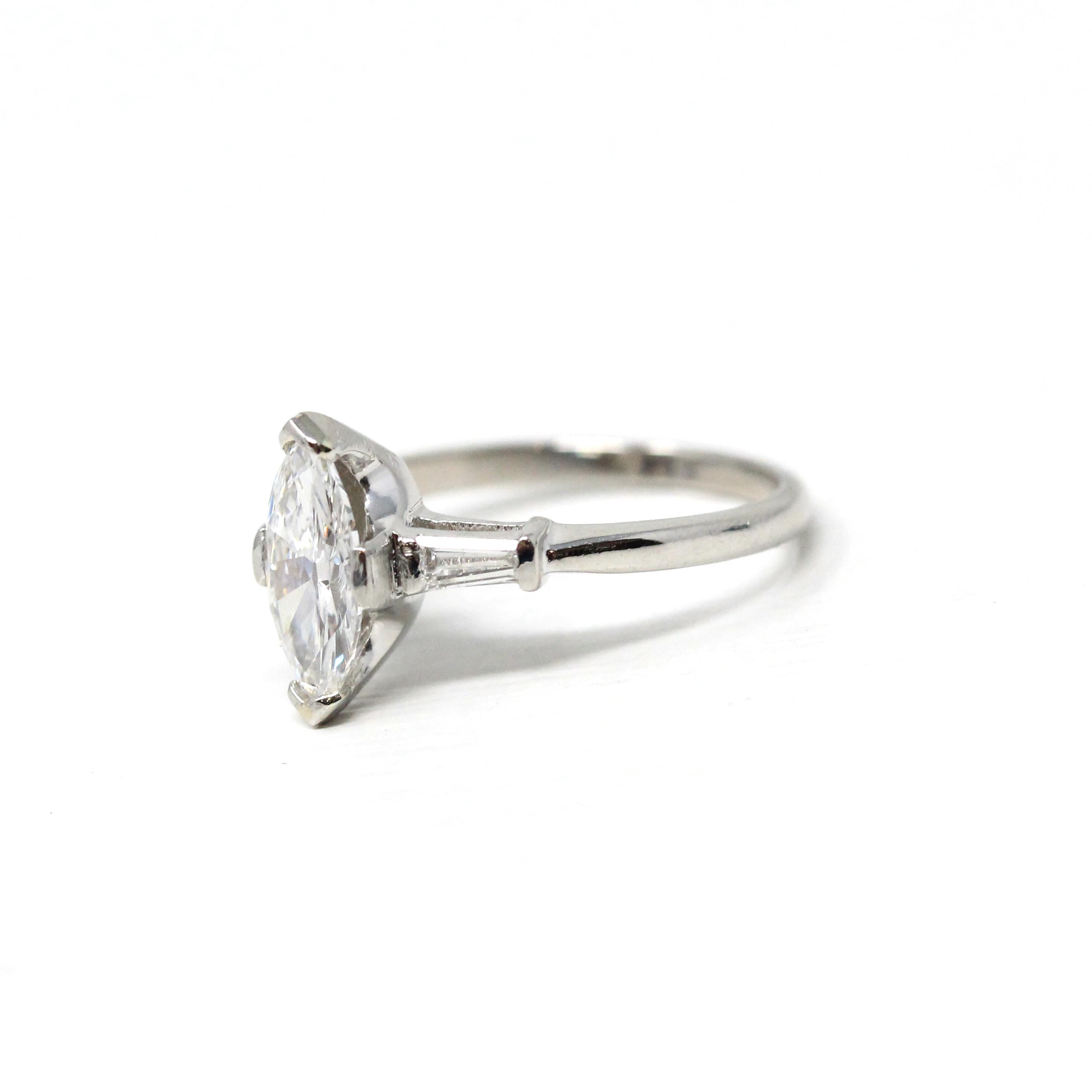 Diamond Engagement Ring - Vintage Platinum Genuine Marquise & Baguette Diamond - Circa 50s Size 6 1/4 Three Stone Fine Bridal Report Jewelry