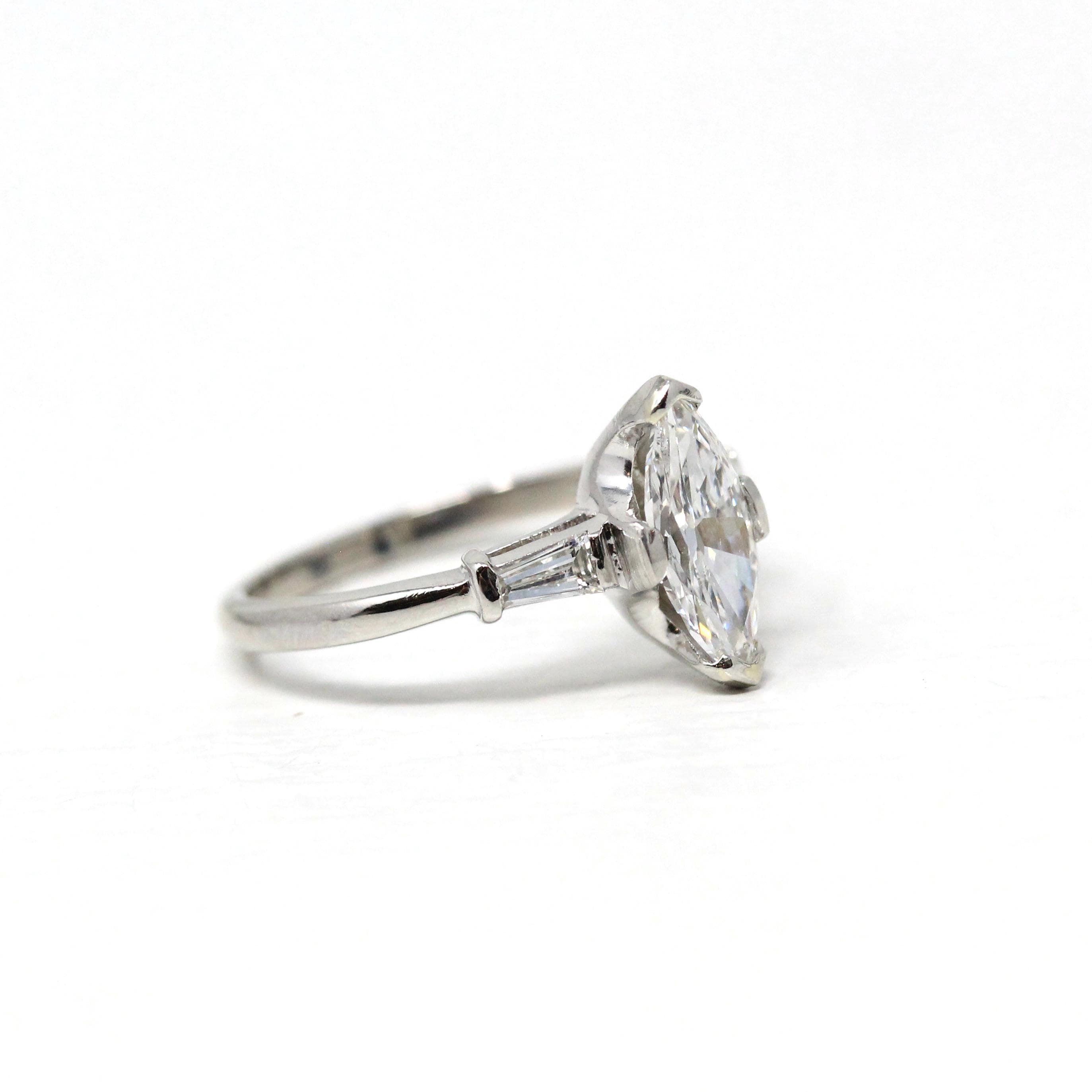 Diamond Engagement Ring - Vintage Platinum Genuine Marquise & Baguette Diamond - Circa 50s Size 6 1/4 Three Stone Fine Bridal Report Jewelry