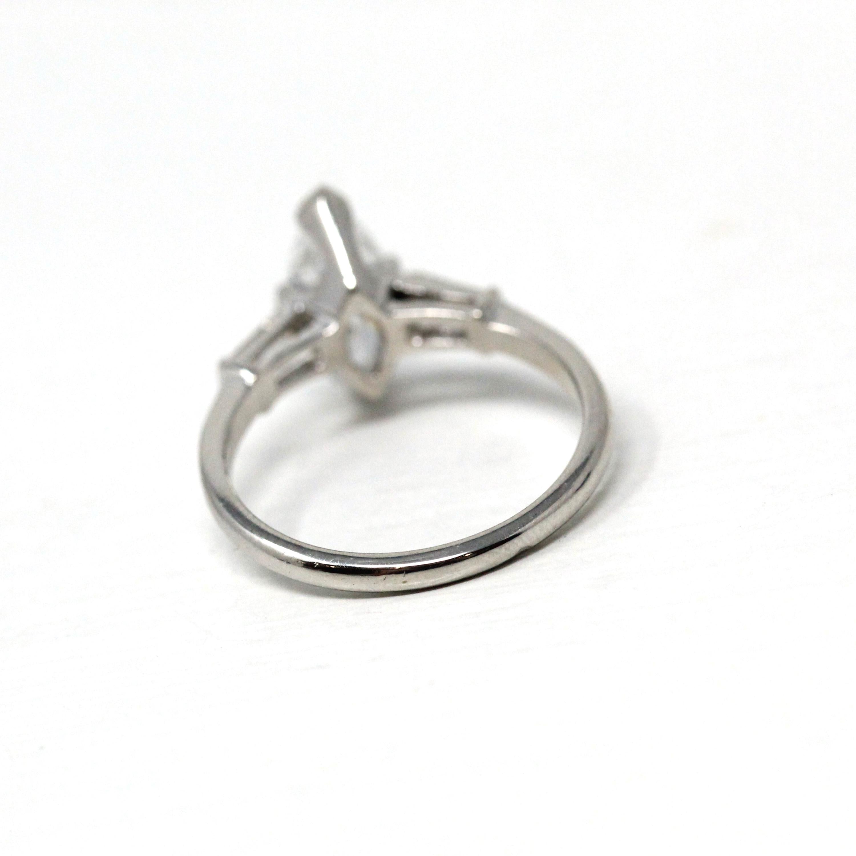 Diamond Engagement Ring - Vintage Platinum Genuine Marquise & Baguette Diamond - Circa 50s Size 6 1/4 Three Stone Fine Bridal Report Jewelry