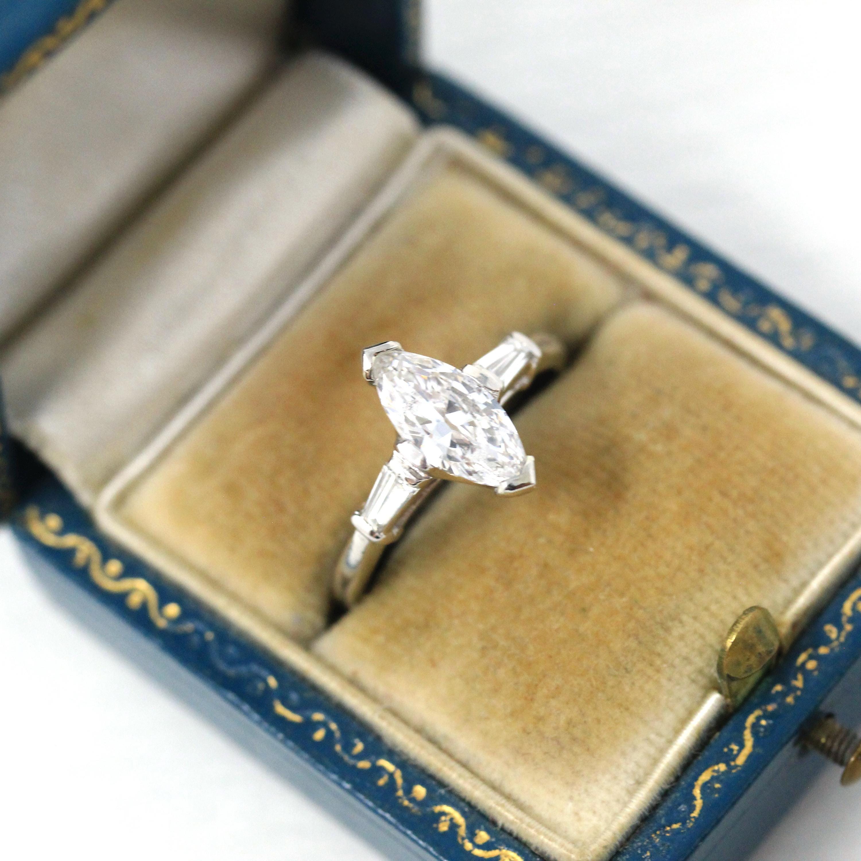 Diamond Engagement Ring - Vintage Platinum Genuine Marquise & Baguette Diamond - Circa 50s Size 6 1/4 Three Stone Fine Bridal Report Jewelry