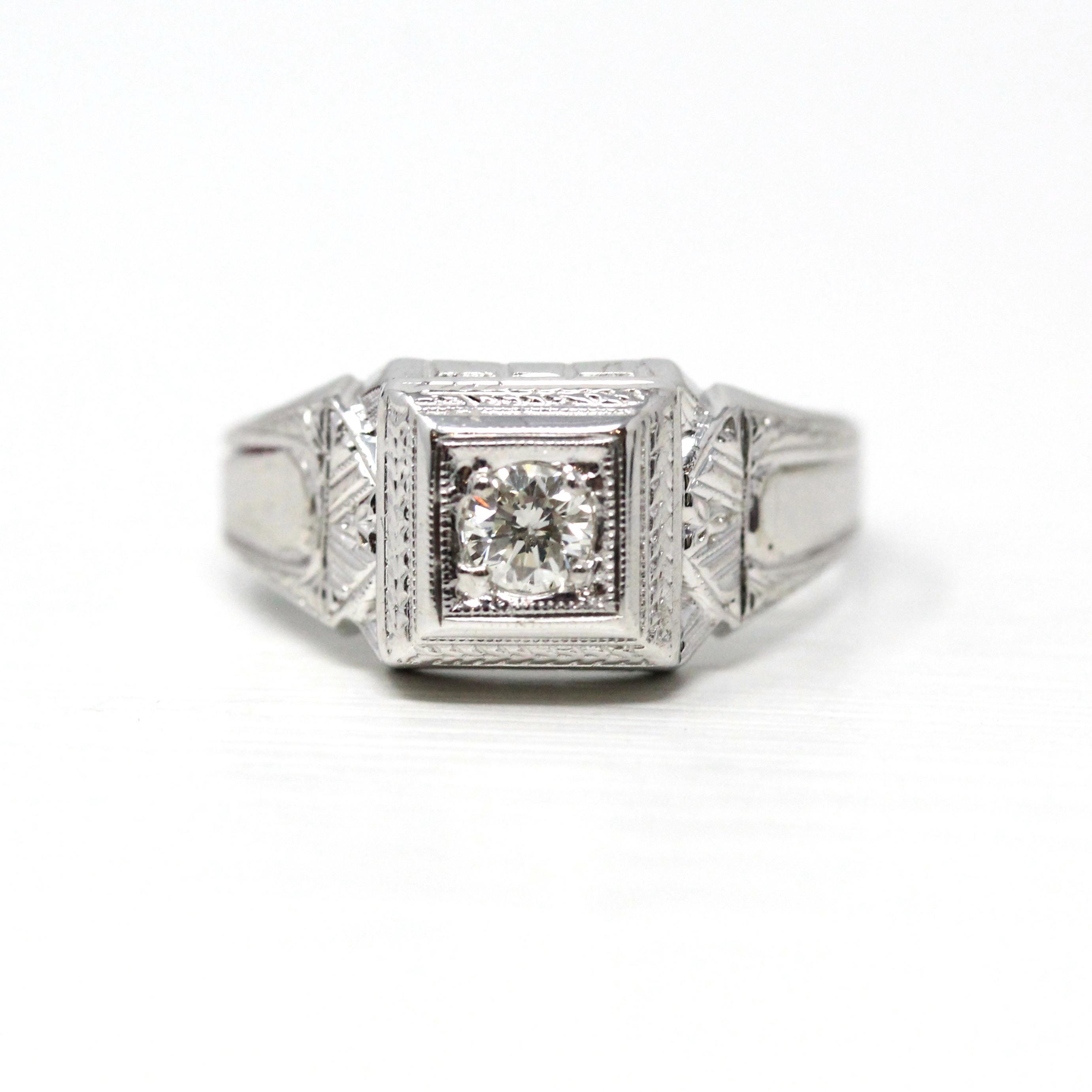 Genuine Diamond Ring - Art Deco 14k White Gold .25 CT Round Brilliant Cut - Vintage Circa 1930s Size 9 1/2 Unisex Engagement Fine Jewelry