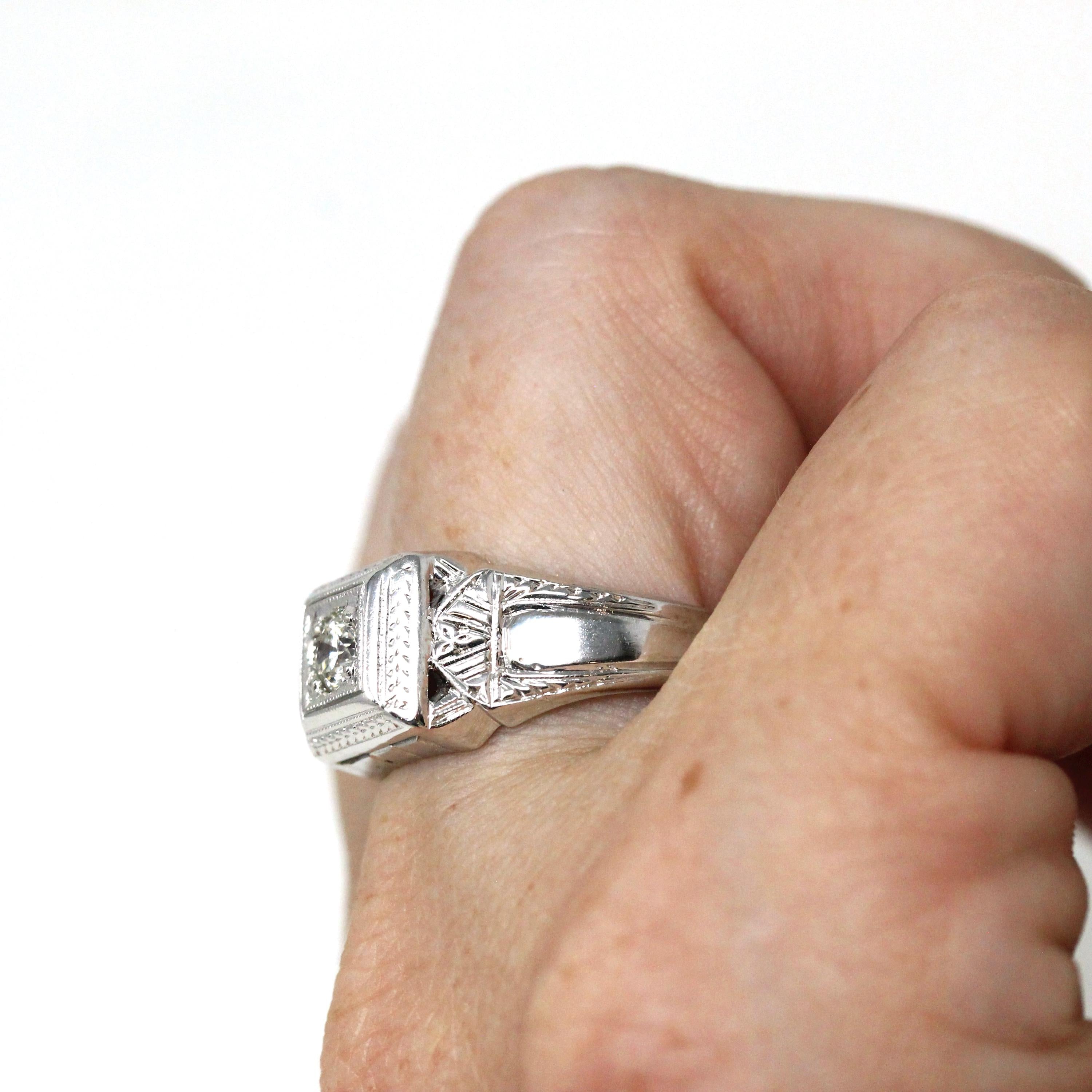 Genuine Diamond Ring - Art Deco 14k White Gold .25 CT Round Brilliant Cut - Vintage Circa 1930s Size 9 1/2 Unisex Engagement Fine Jewelry