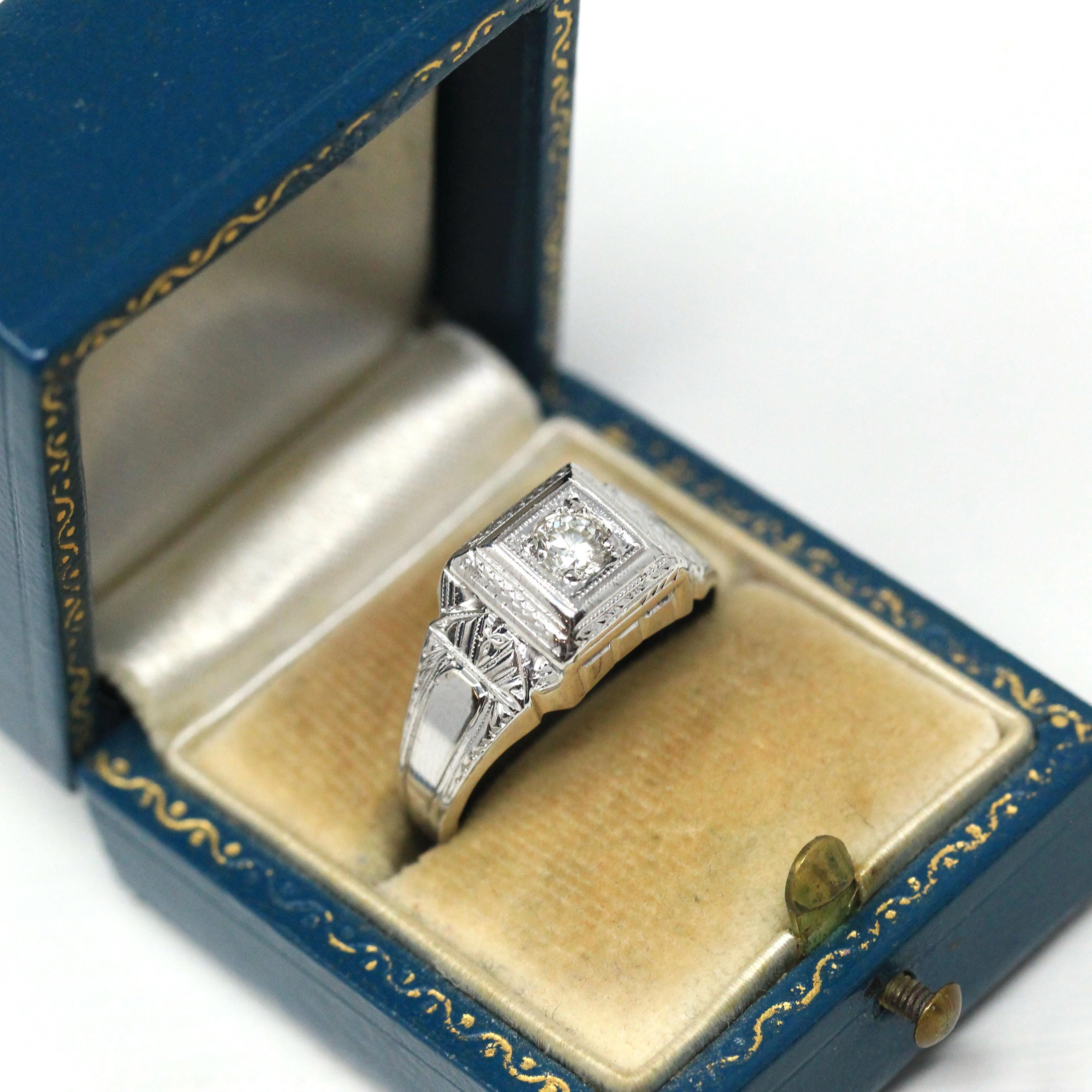 Genuine Diamond Ring - Art Deco 14k White Gold .25 CT Round Brilliant Cut - Vintage Circa 1930s Size 9 1/2 Unisex Engagement Fine Jewelry