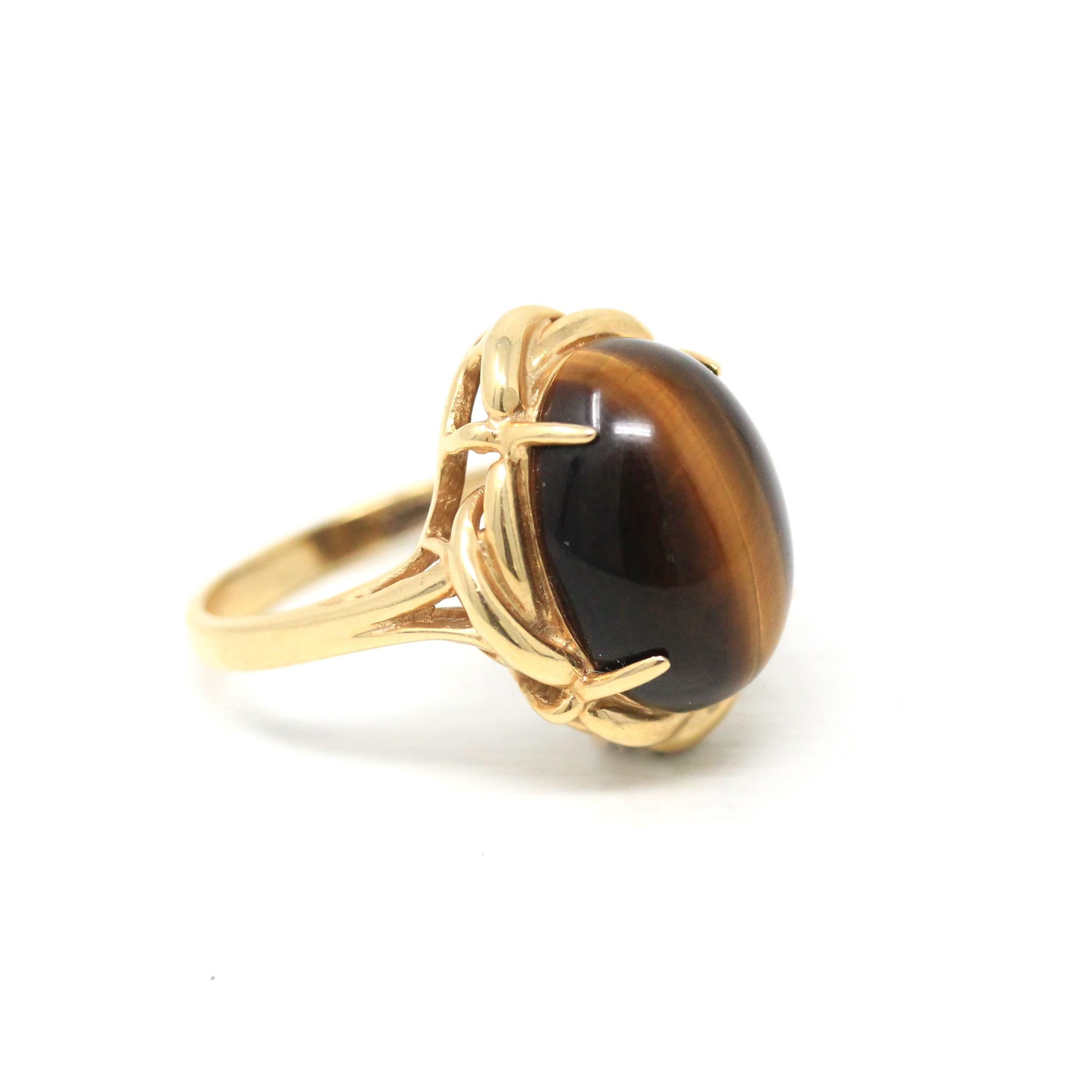 Tiger's Eye Ring - Modern 14k Yellow Gold Cabochon Cut Genuine Chatoyant Gemstone - Estate Circa 2000s Era Size 7 3/4 Statement Fine Jewelry