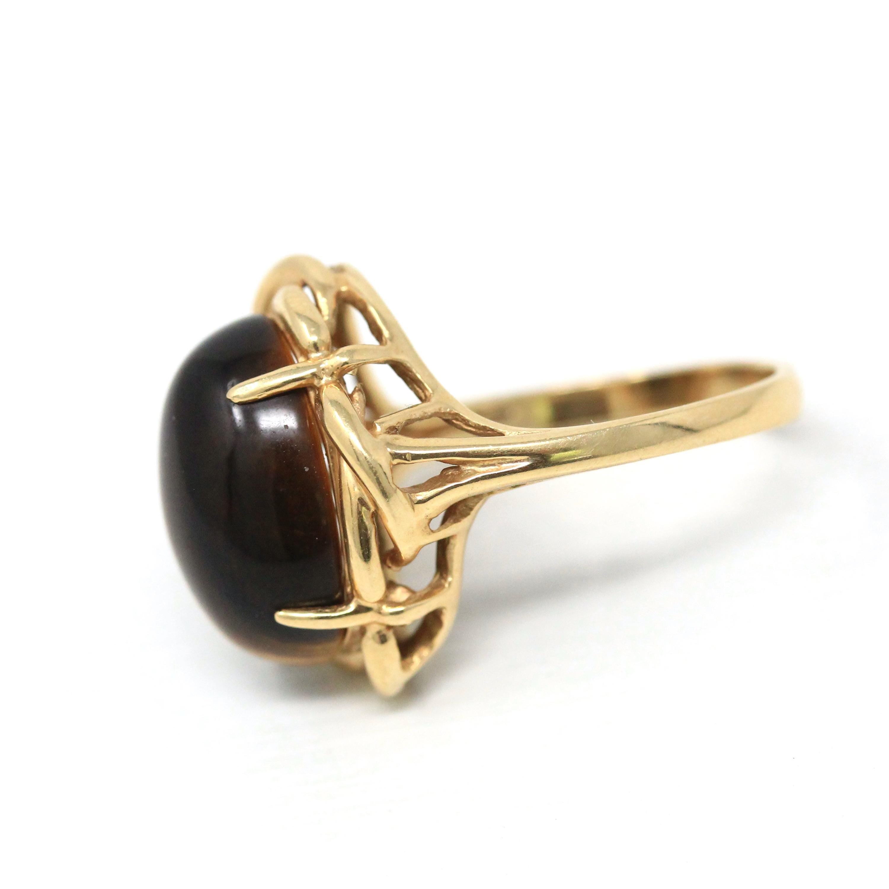Tiger's Eye Ring - Modern 14k Yellow Gold Cabochon Cut Genuine Chatoyant Gemstone - Estate Circa 2000s Era Size 7 3/4 Statement Fine Jewelry